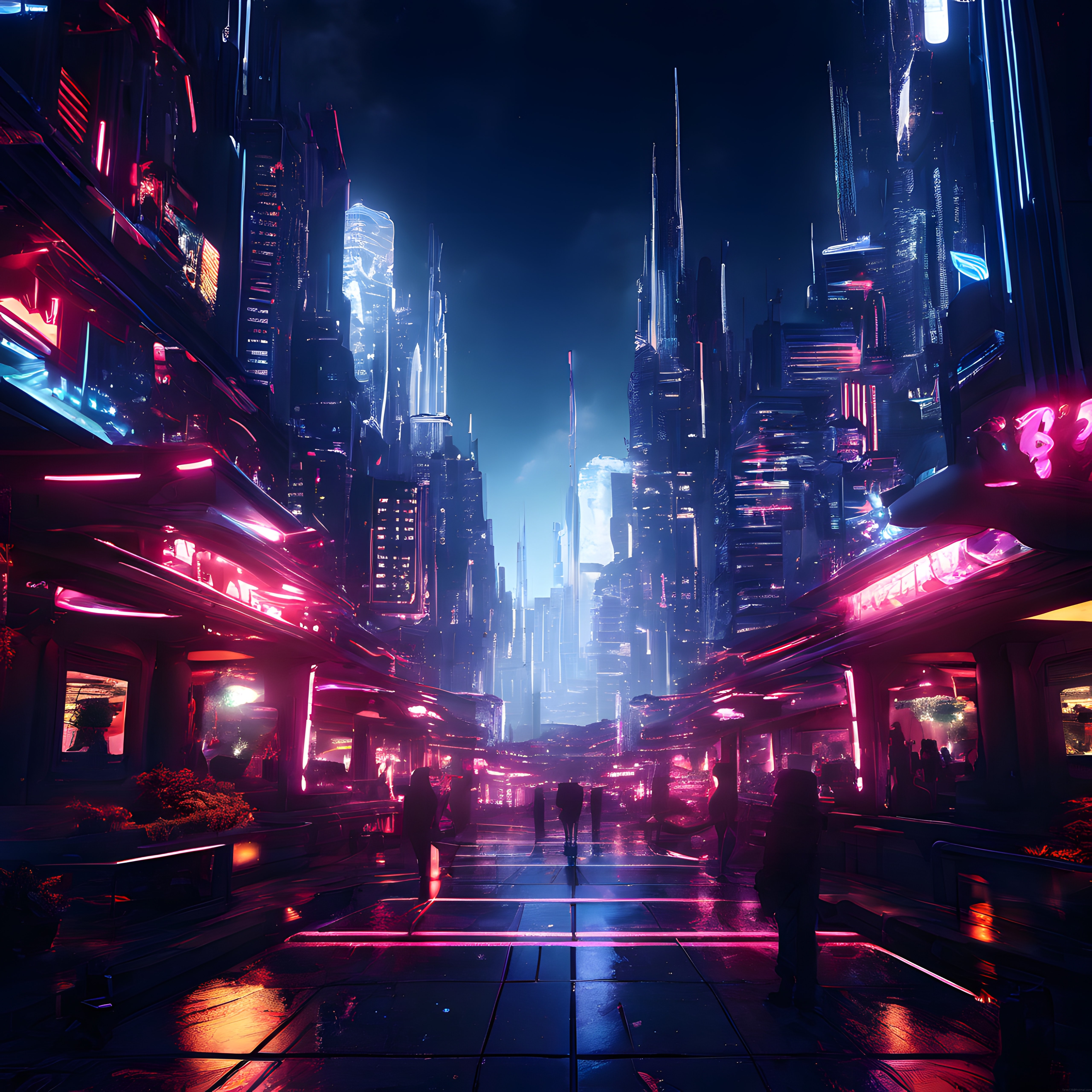 Neon ışıklarla aydınlanmış cyberpunk şehirde gece yürüyüşü ve futuristik atmosfer