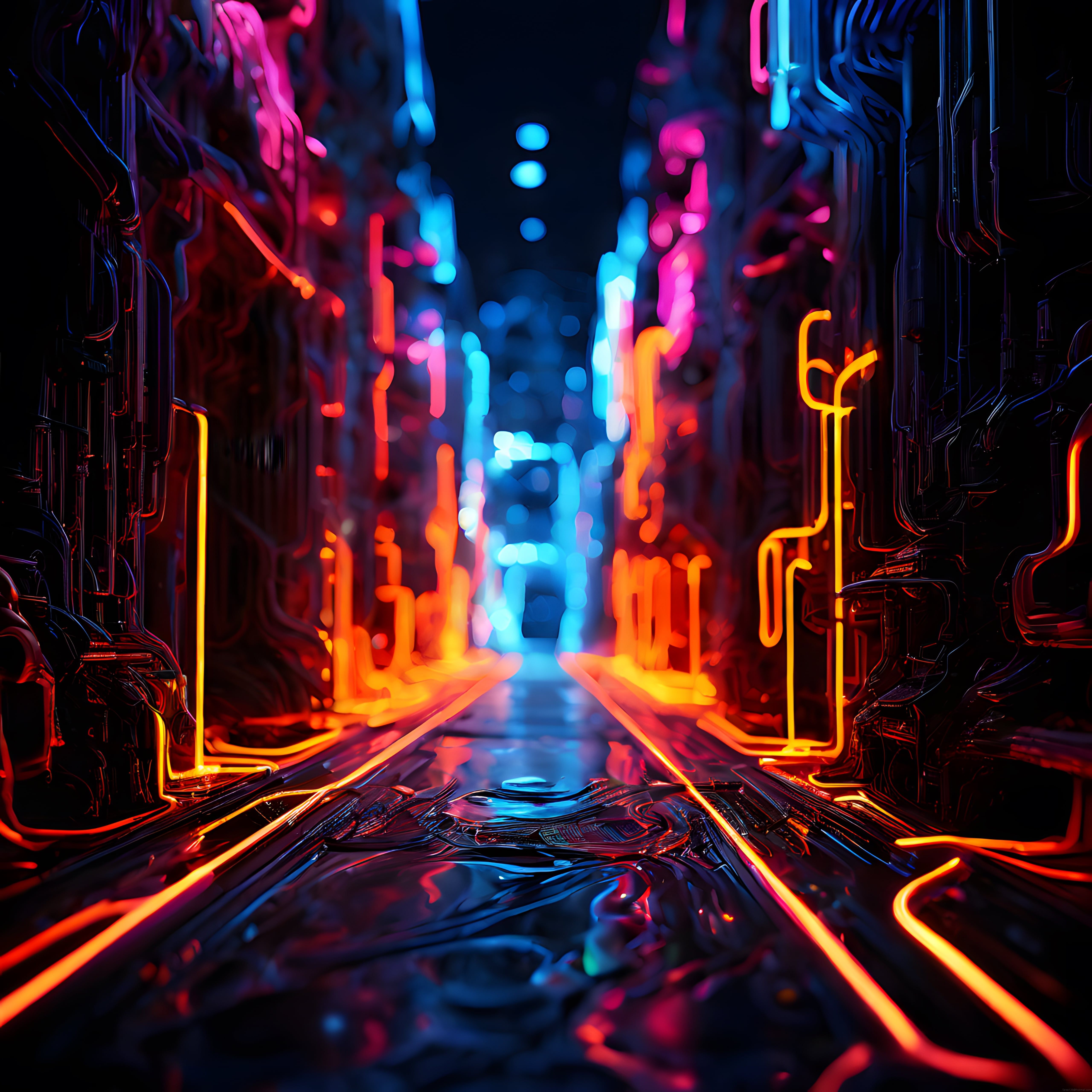 neon ışıklarla aydınlanmış dark cyberpunk tarzı fütüristik dijital koridor