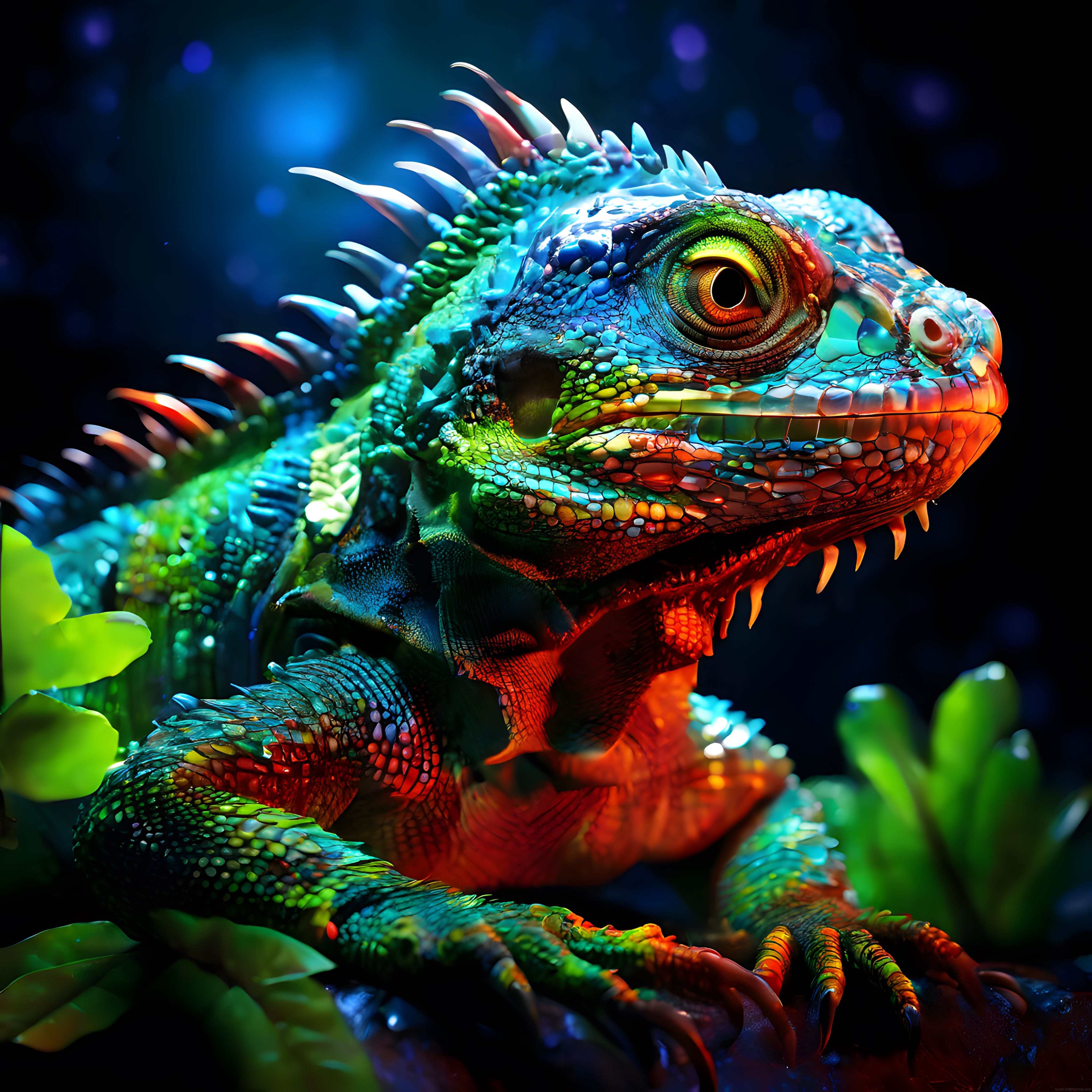 Neon Işıklarla Aydınlanmış Fantastik İguana: Renkli Dijital Sanat Eseri