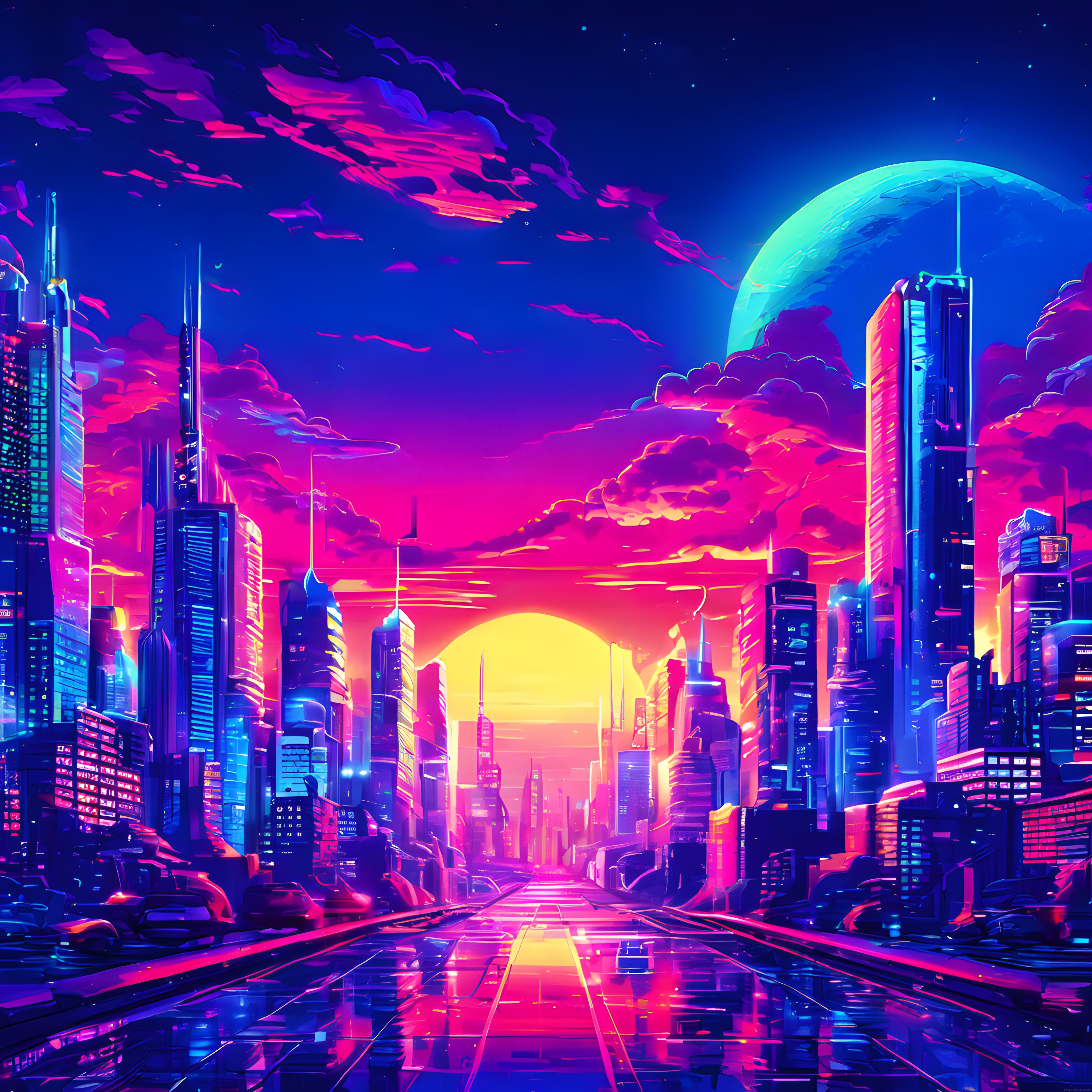 Neon ışıklarla aydınlanmış fütüristik cyberpunk şehir manzarası ve gün batımı