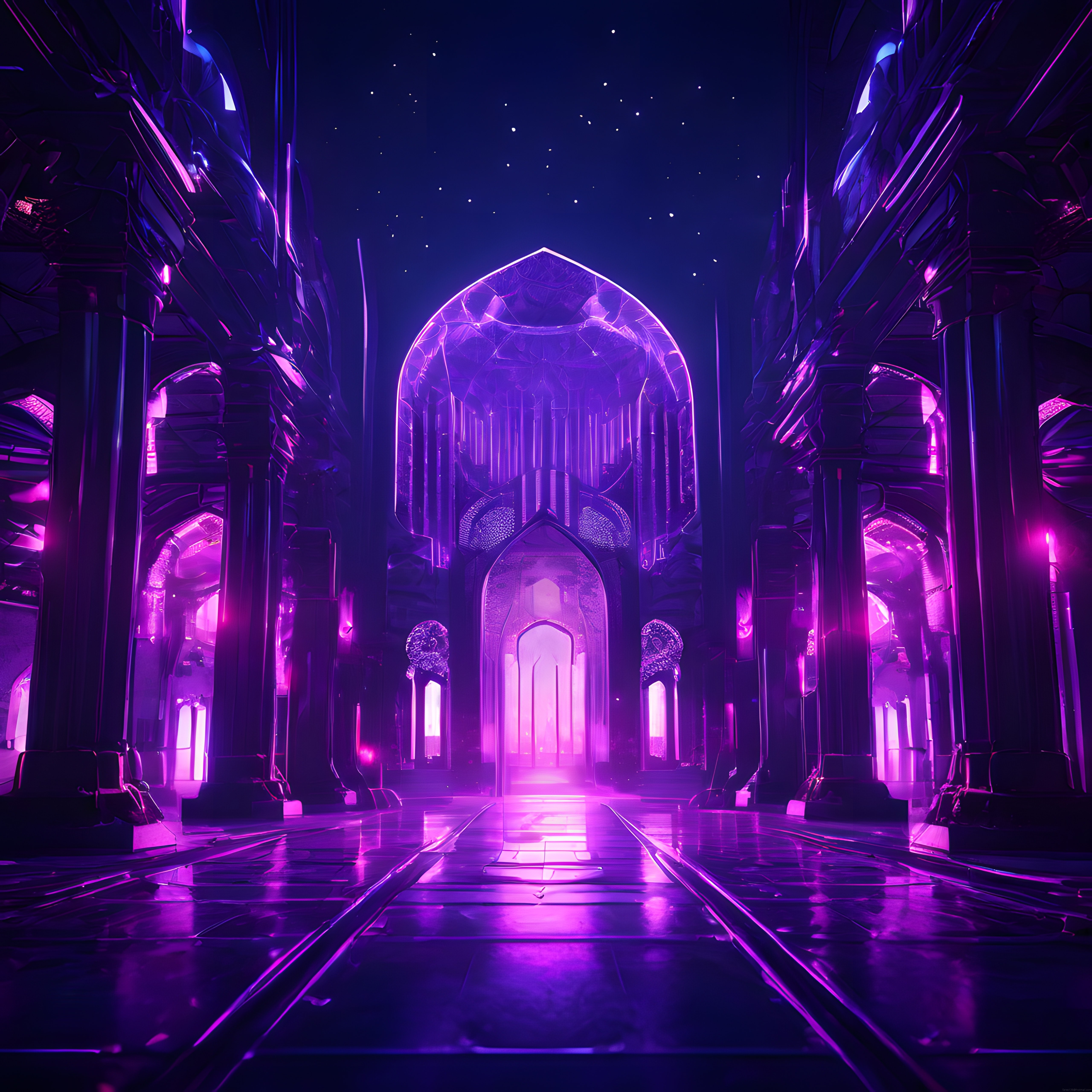 Neon Işıklarla Aydınlanmış Fütüristik Tapınak ve Cyberpunk Mimari