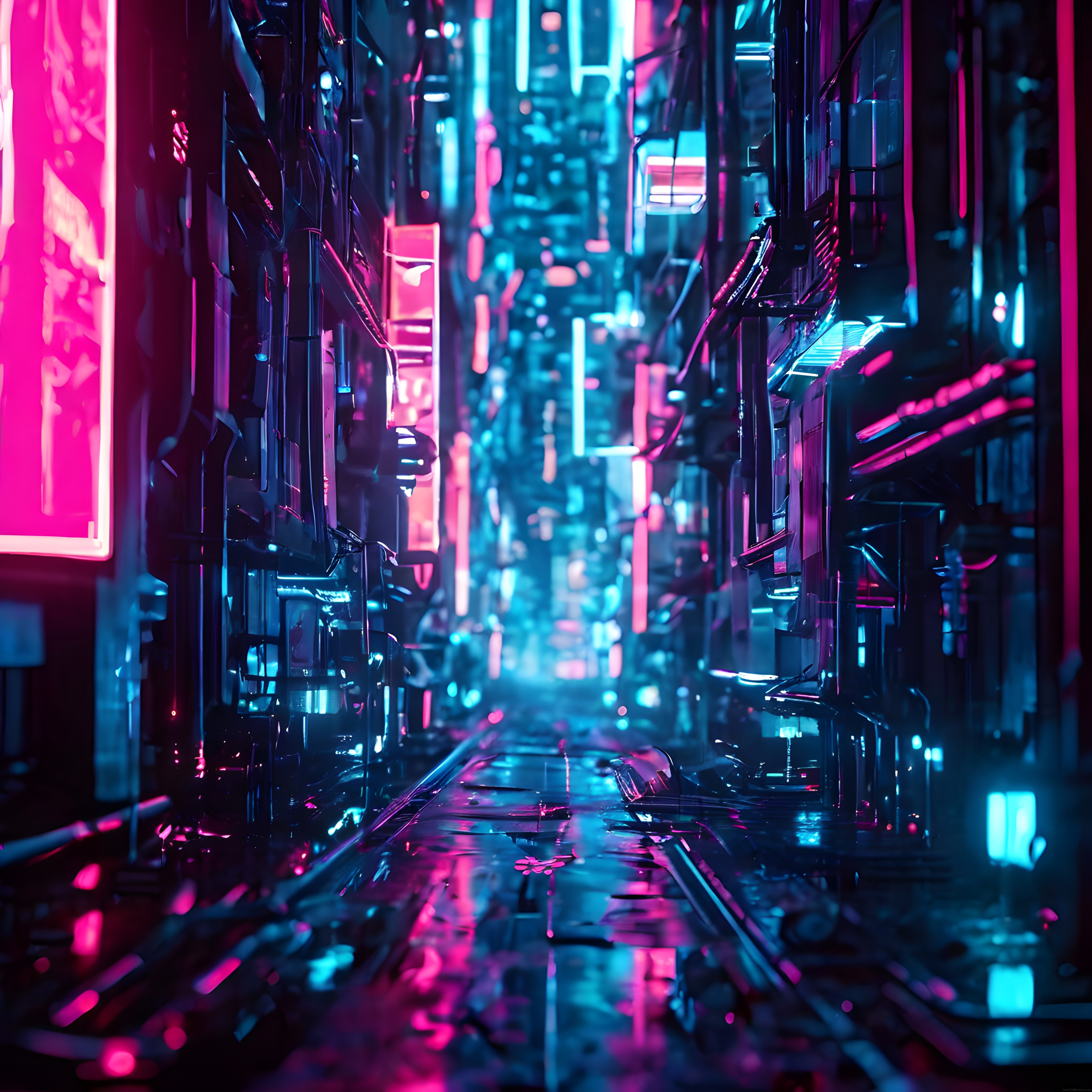 Neon Işıklarla Aydınlanmış Geleceğin Dar Sokakları: Sanal Bir Gece Manzarası