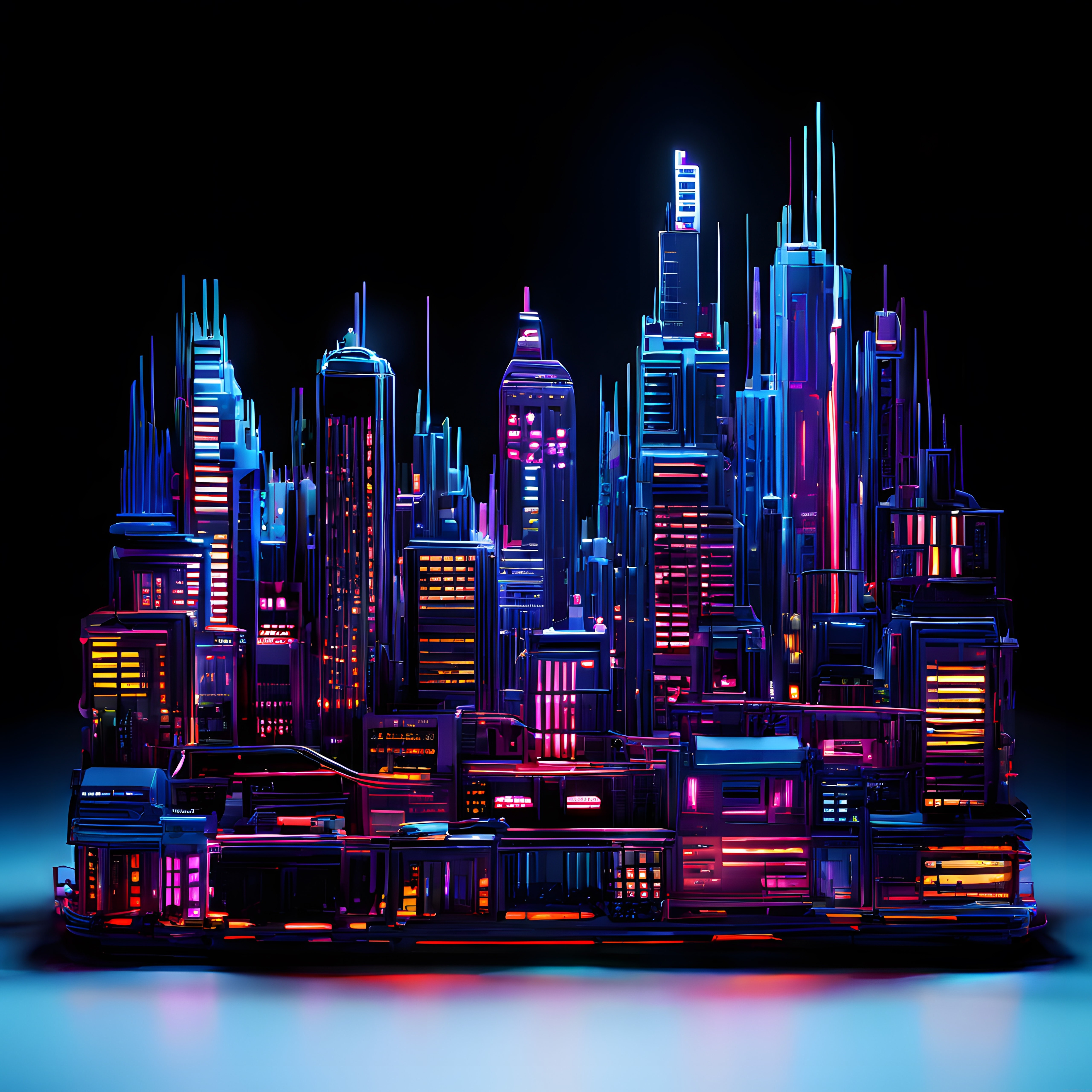 Neon Işıklarla Aydınlanmış Gelecekçi İzometrik Şehir ve Gece Mavisi Atmosfer