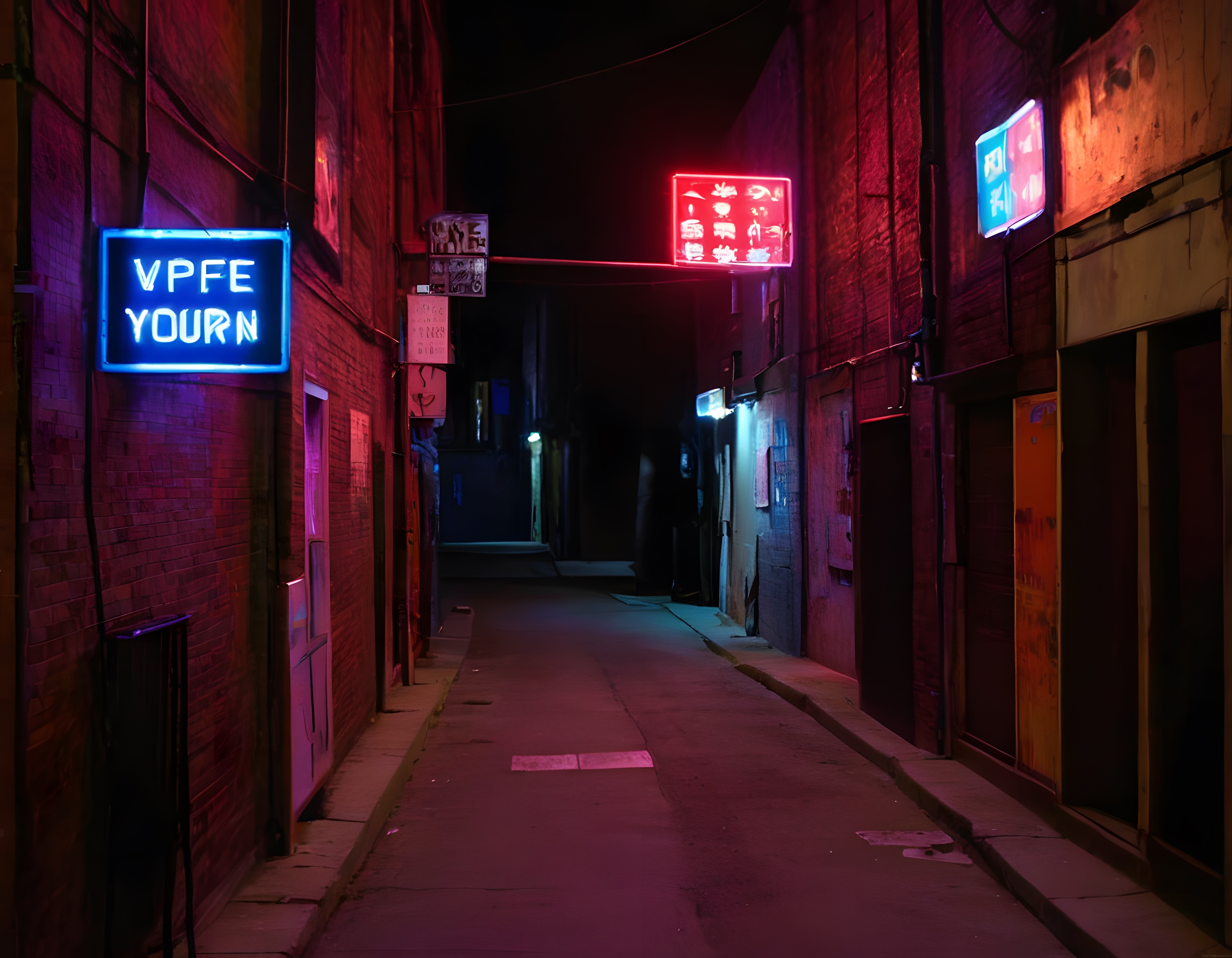Neon Işıklarla Aydınlanmış Gizemli Dar Bir Sokak ve Gece Atmosferi
