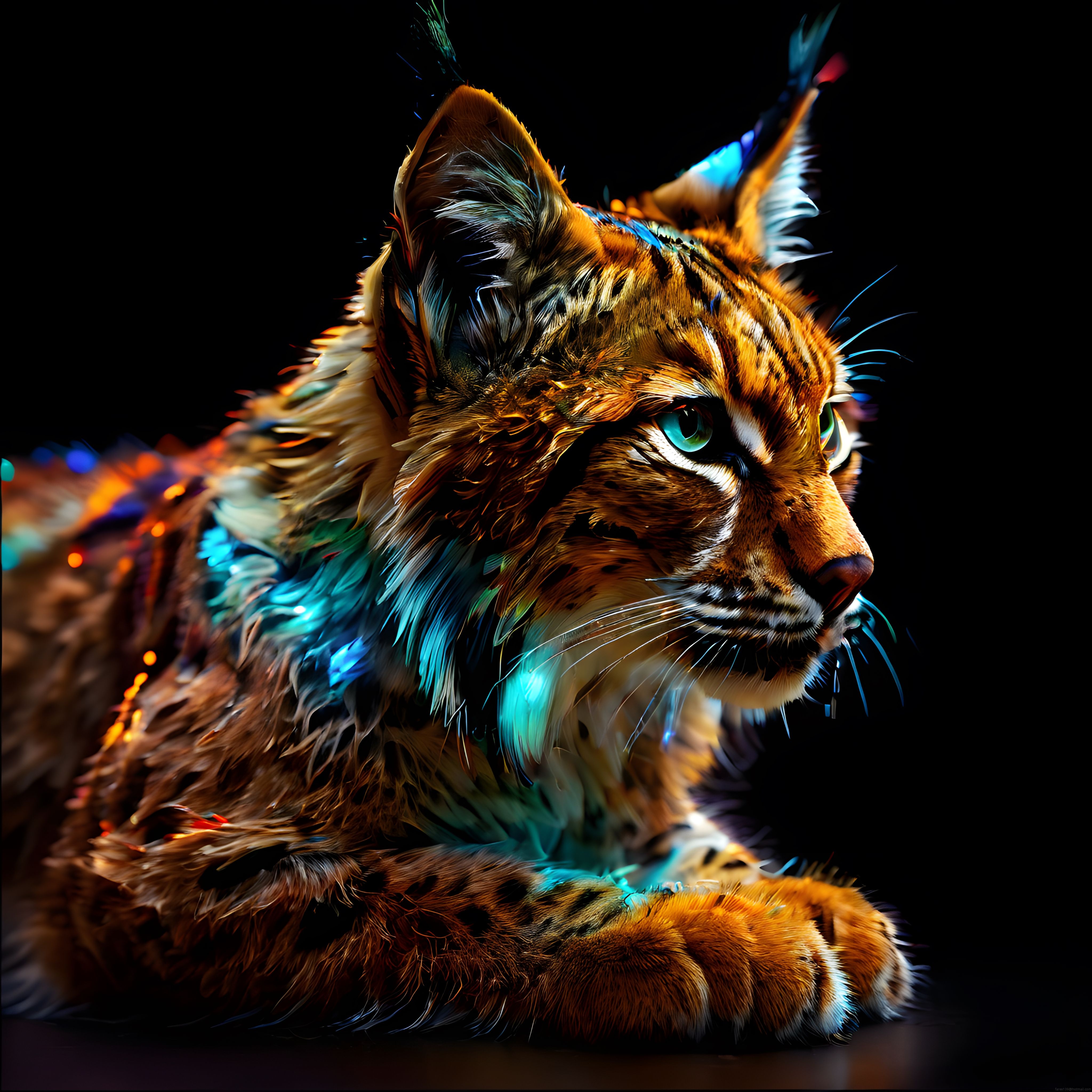 Neon Işıklarla Aydınlanmış Gizemli Vaşak: Dijital Sanat Portresi ve Renkler
