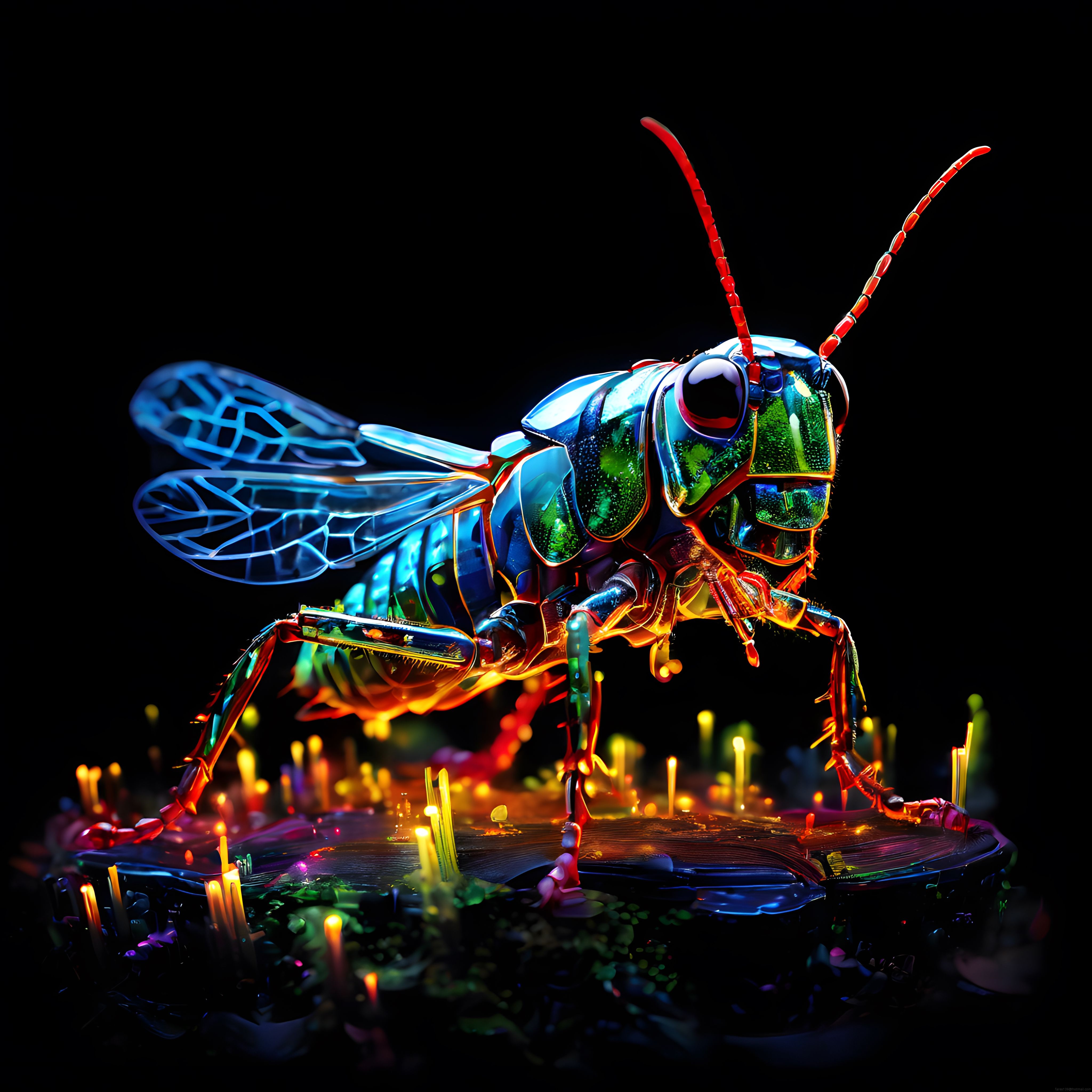 Neon Işıklarla Aydınlanmış Metalik Çekirge Dijital Sanat Eseri