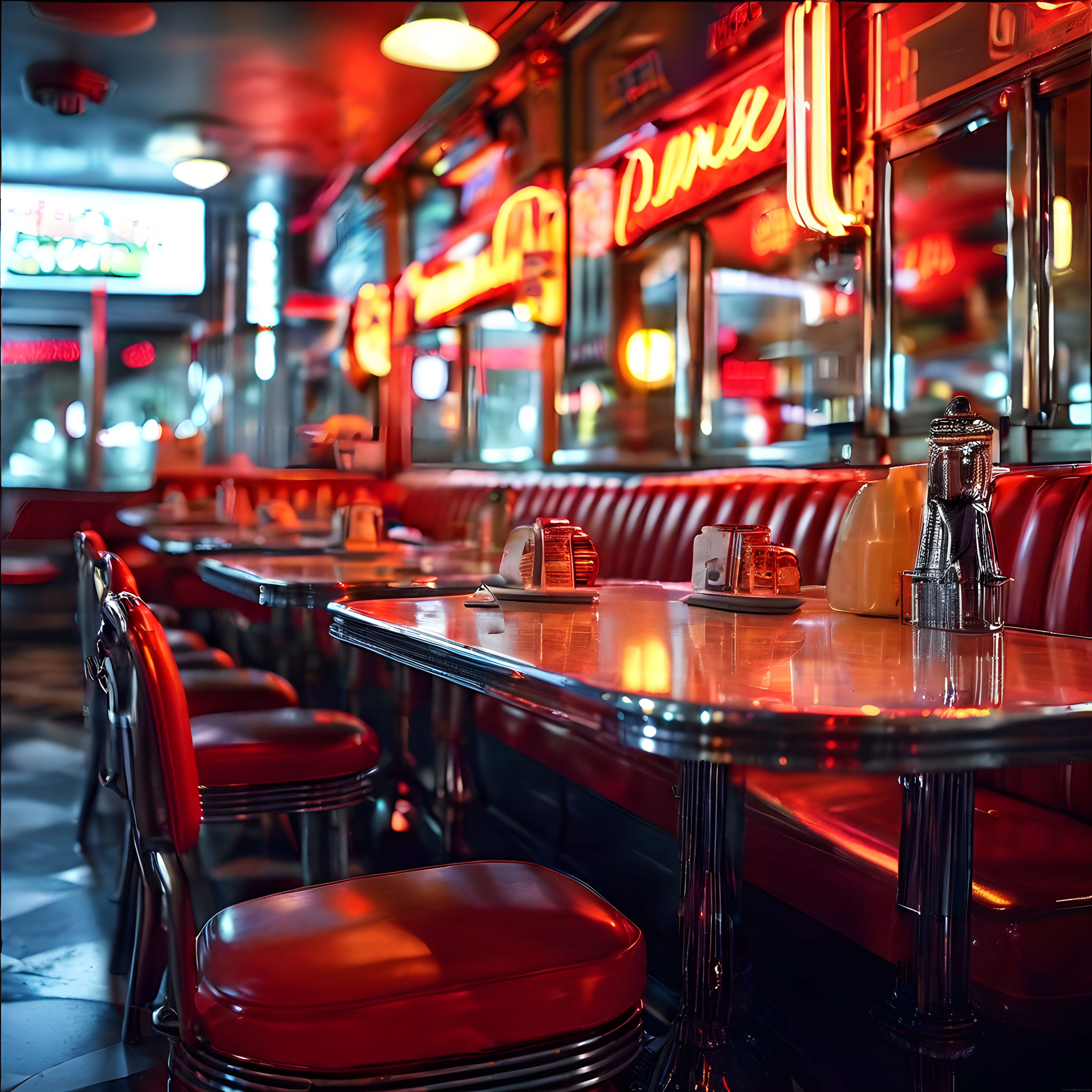 Neon Işıklarla Aydınlanmış Retro Amerikan Diner Restoran İç Mekanı