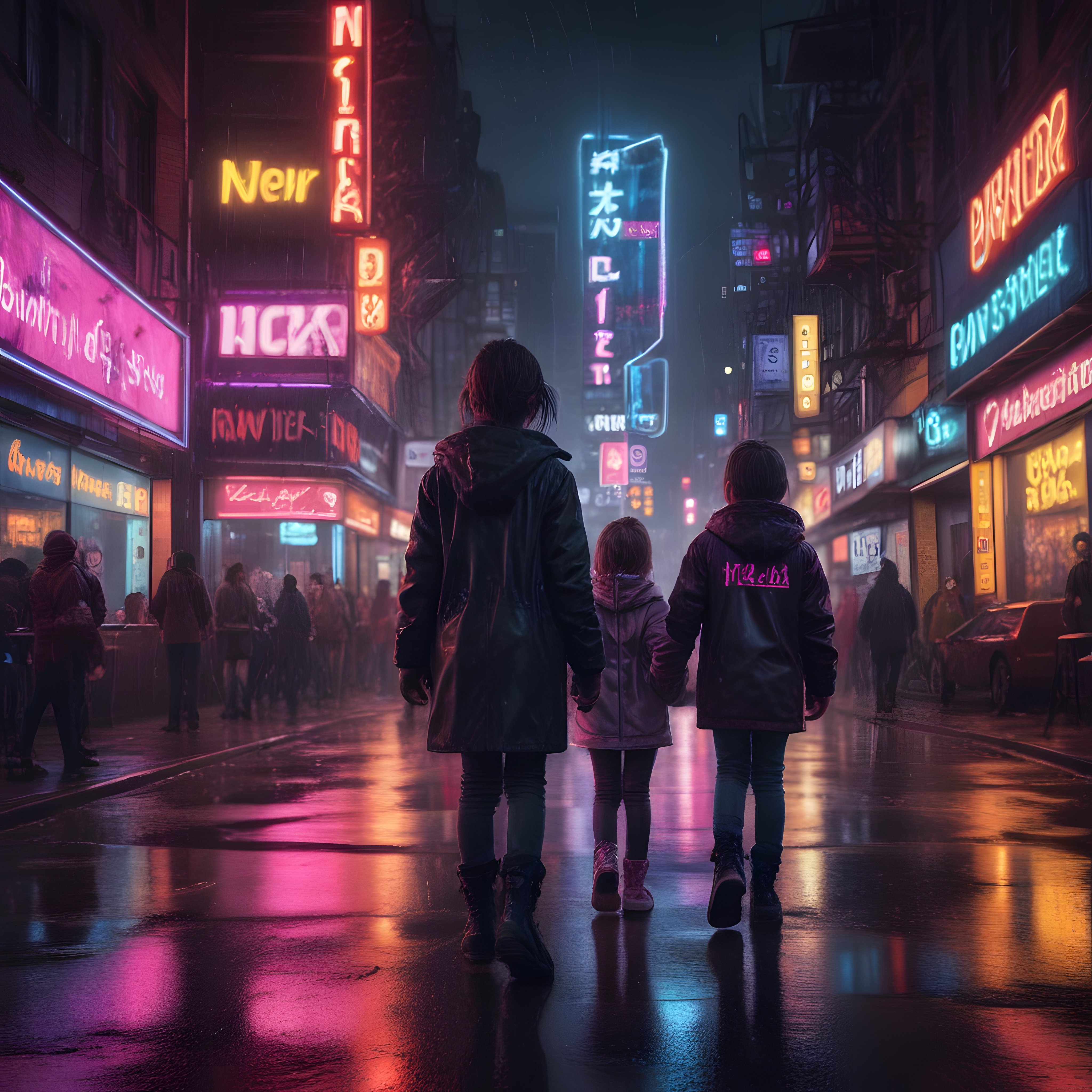 Neon ışıklarla aydınlanmış yağmurlu cyberpunk sokakta yürüyen üç figür