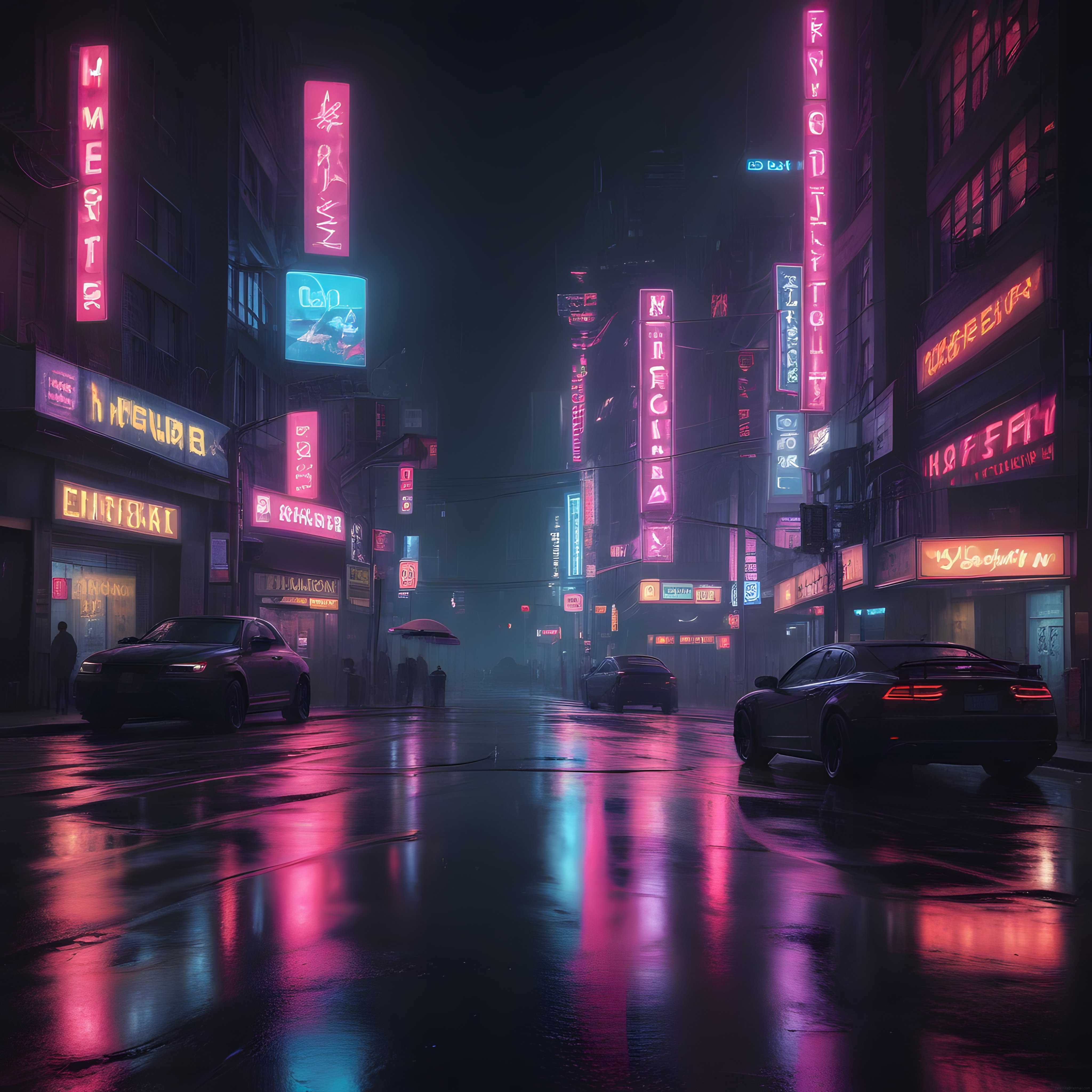 Neon Işıklarla Aydınlatılmış Cyberpunk Şehir Sokağı Dijital İllüstrasyon