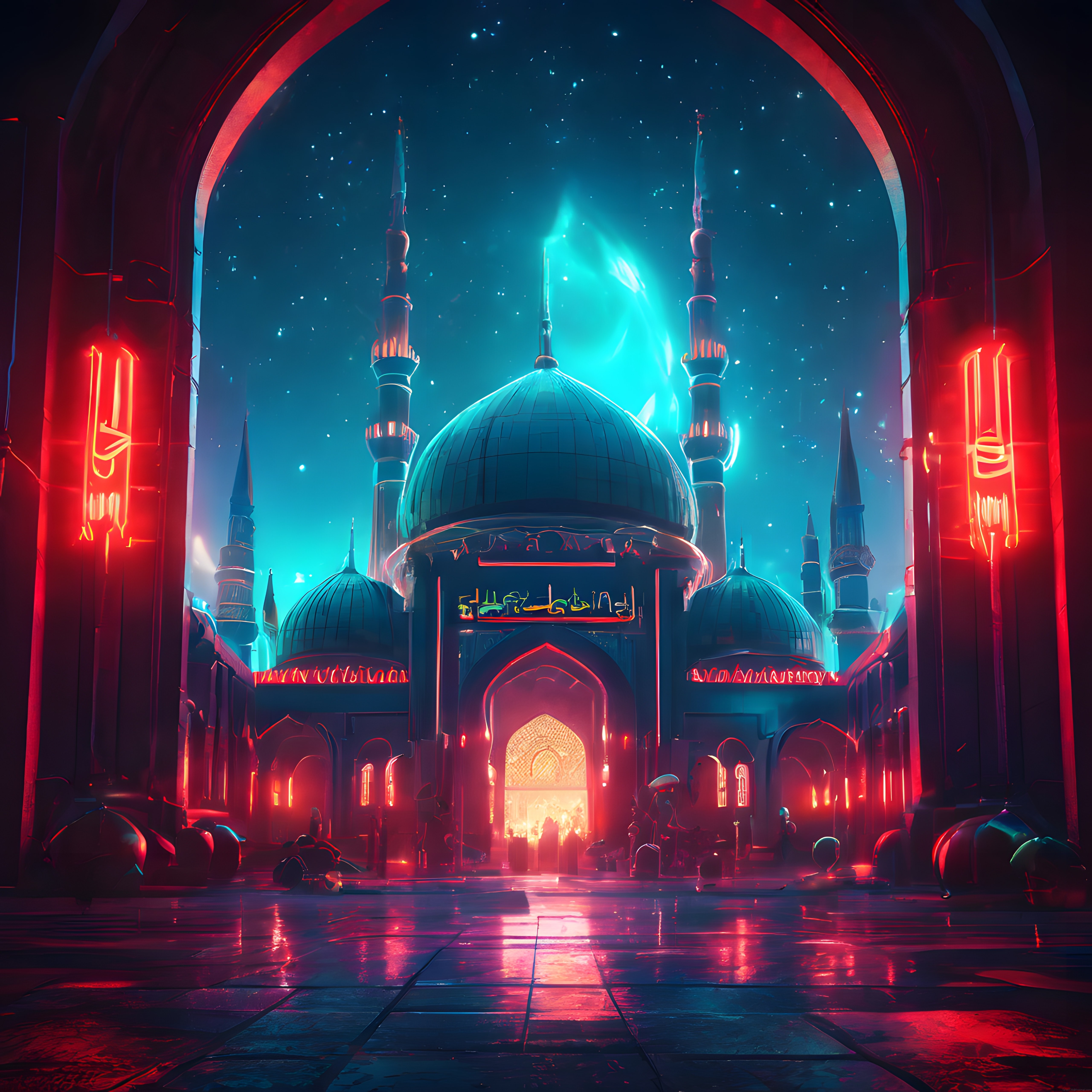 Neon ışıklarla aydınlatılmış fütüristik cami gece manzarası ve bilimkurgu atmosfer