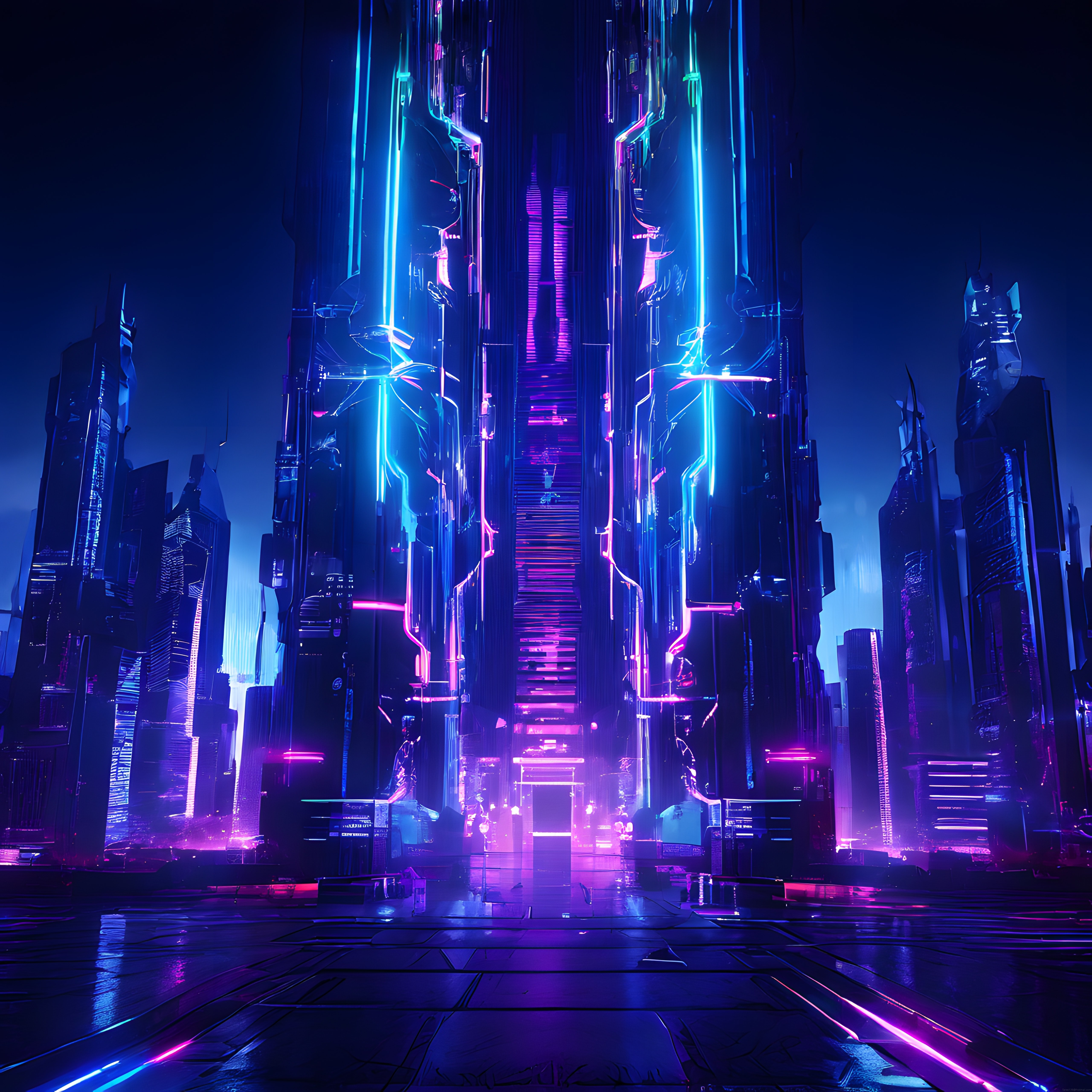 Neon ışıklarla aydınlatılmış fütüristik cyberpunk kule ve gece ufku dijital sanat eseri