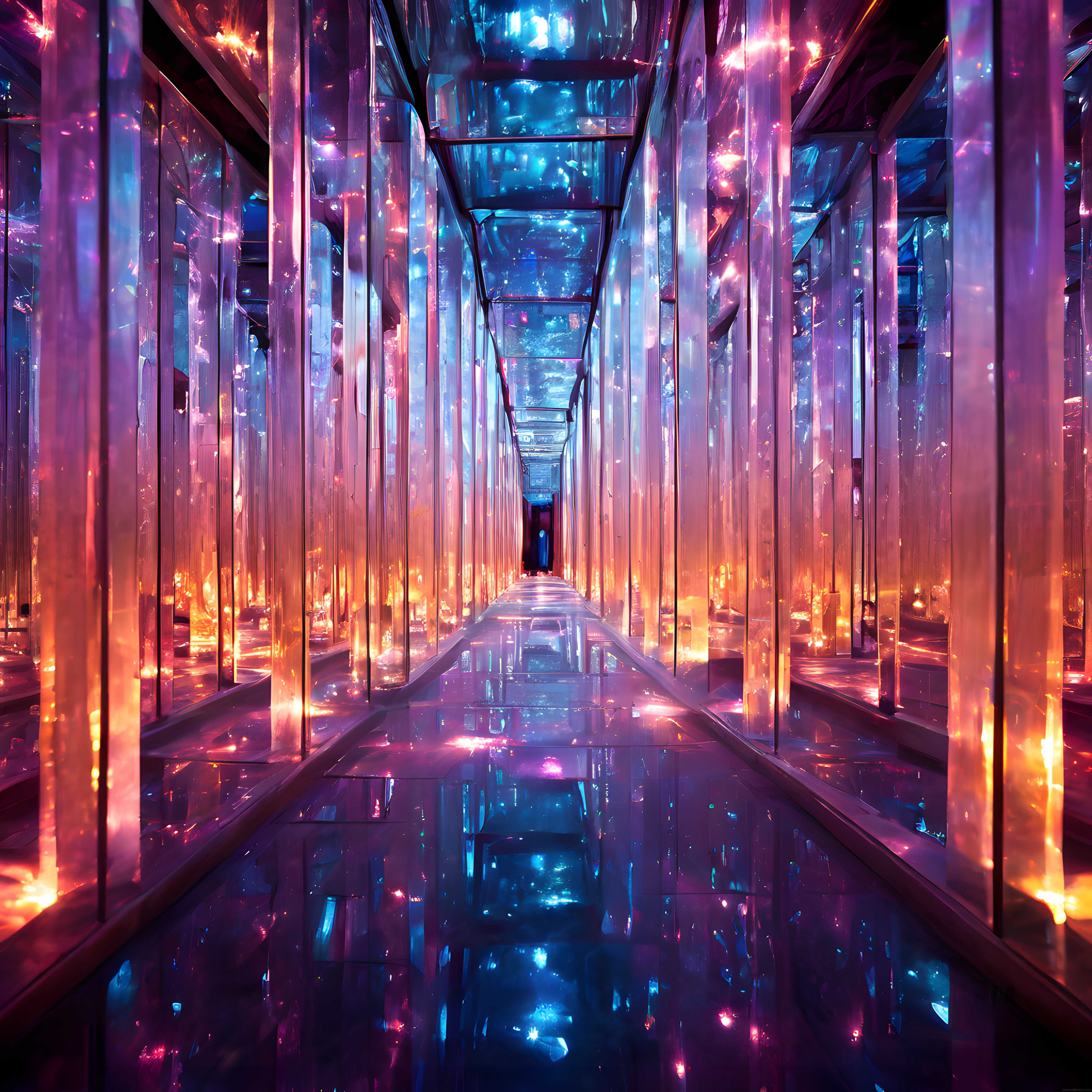Neon Işıklarla Aydınlatılmış Fütüristik Kristal Koridor Dijital Sanat Eseri
