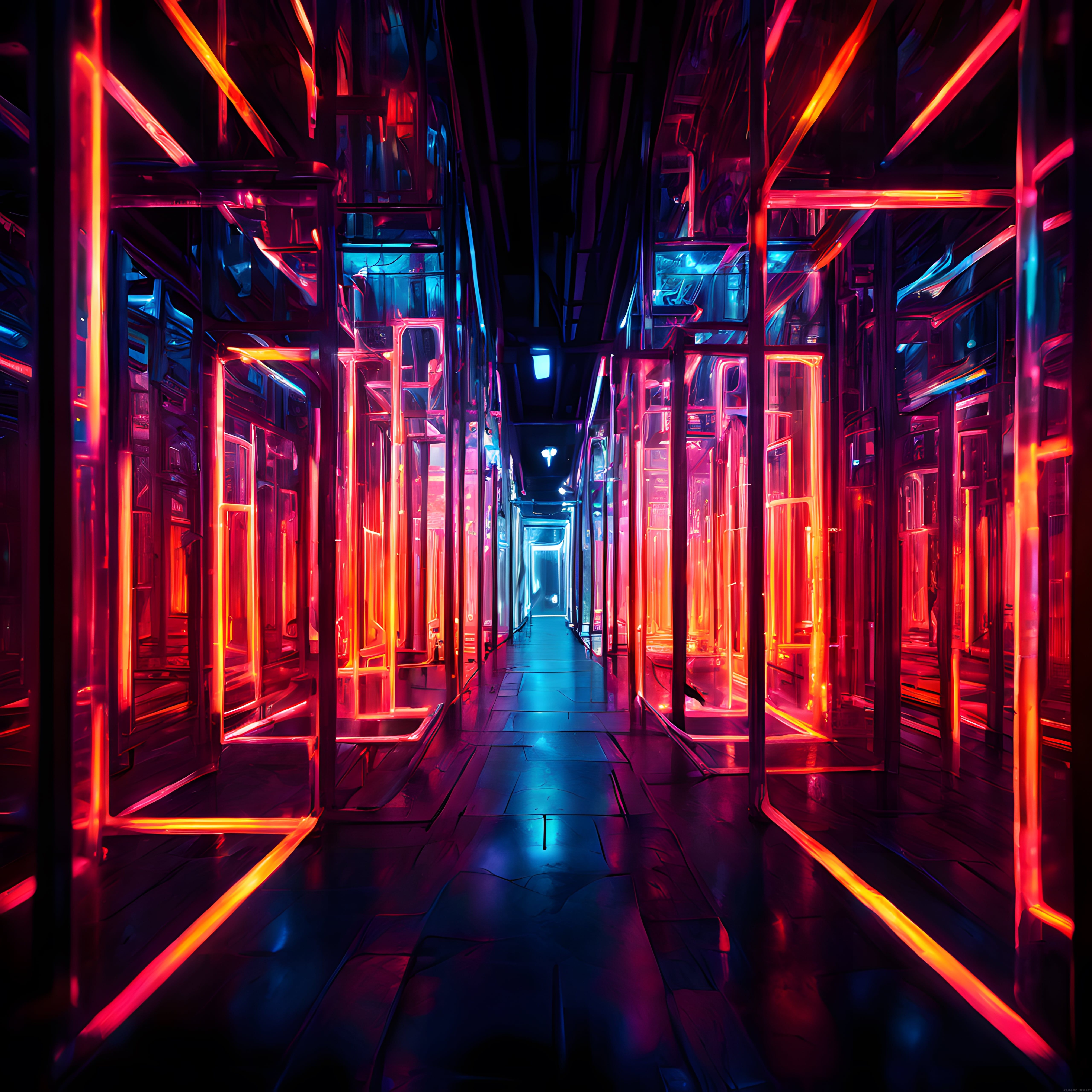 Neon Işıklarla Aydınlatılmış Geleceğin Dar Koridoru ve Cyberpunk Atmosfer