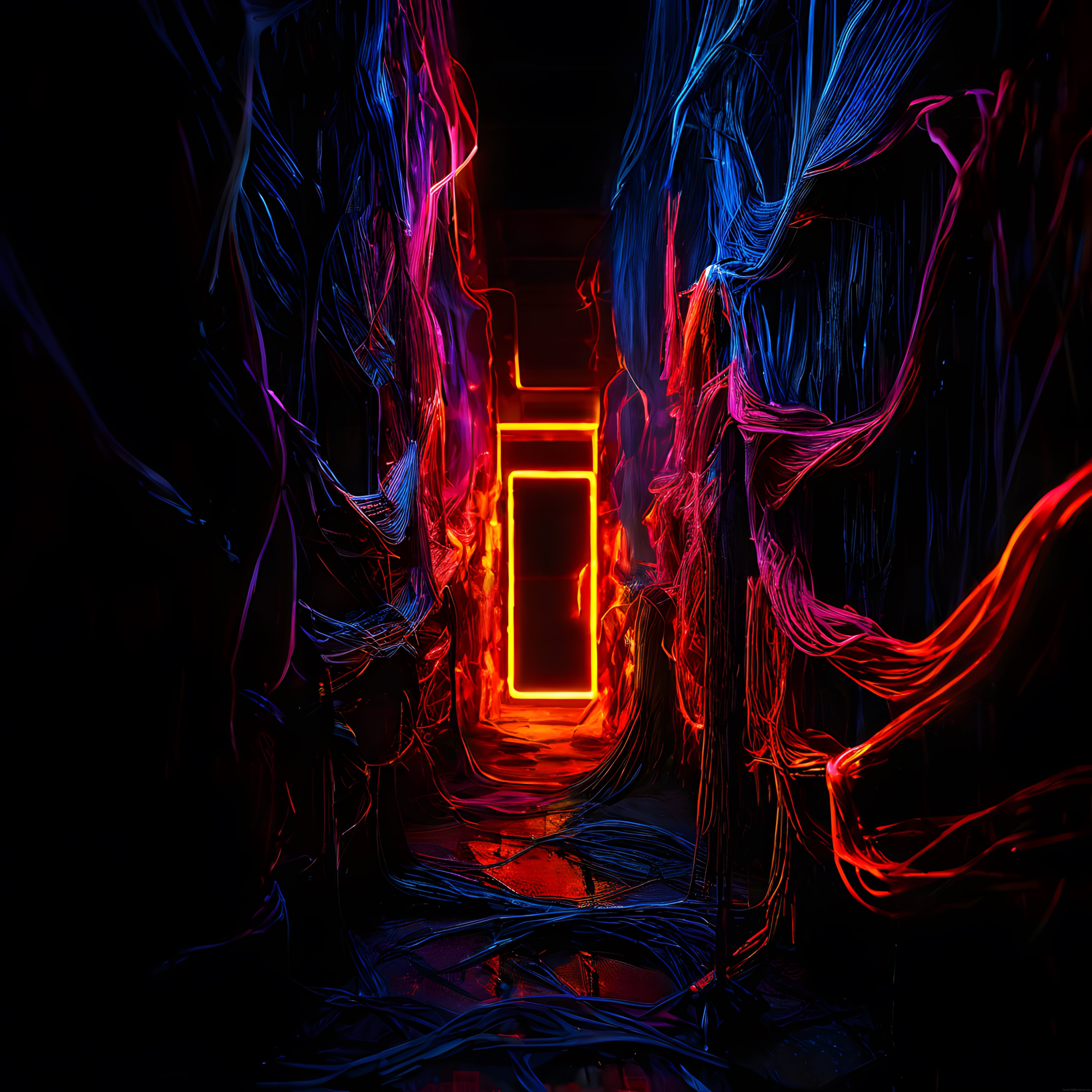 Neon Işıklarla Aydınlatılmış Gizemli Soyut Dijital Koridor ve Uzaktaki Kapı