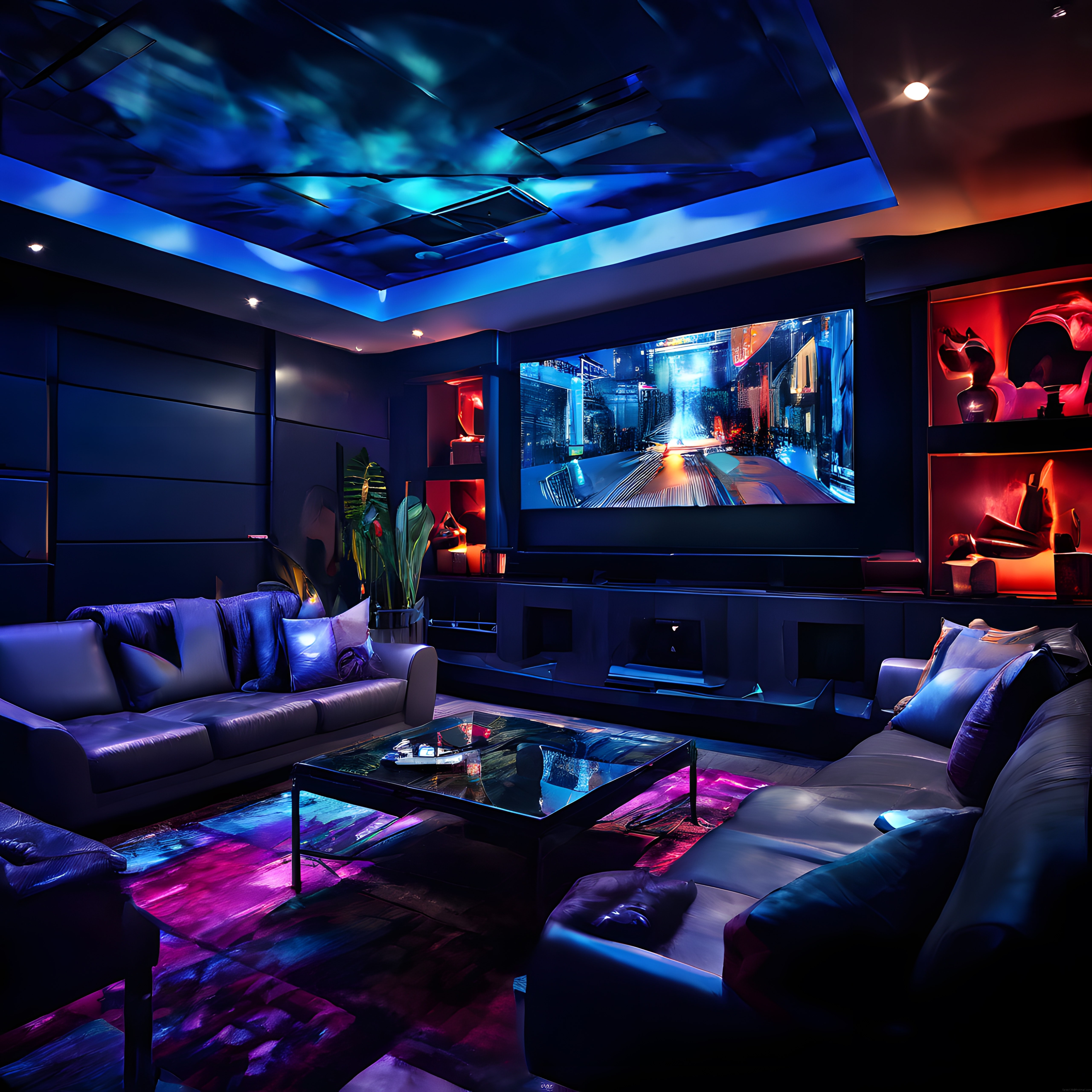Neon Işıklarla Aydınlatılmış Lüks Ev Sinema Salonu ve Modern Oturma Odası