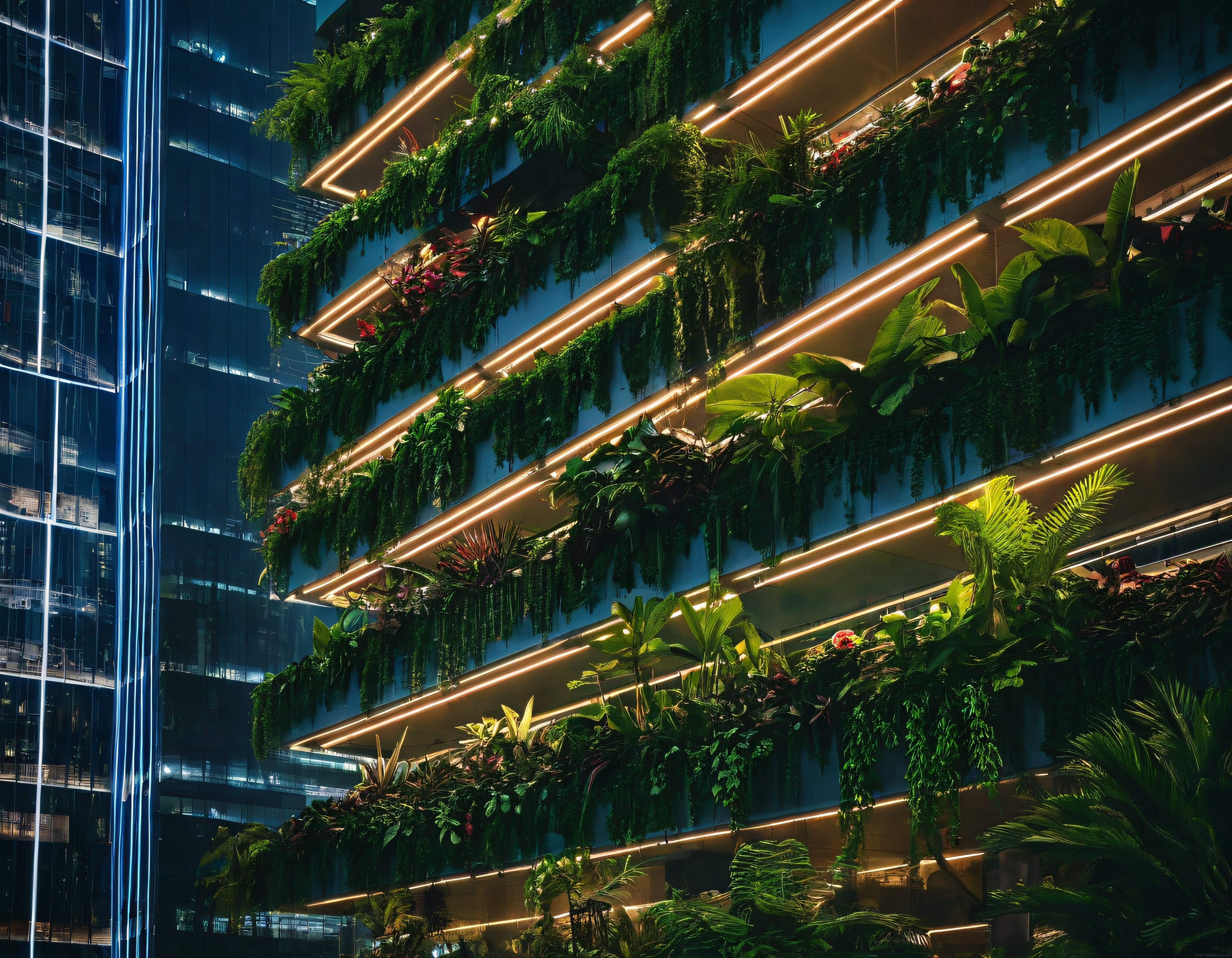 Neon Işıklarla Aydınlatılmış Modern Dikey Bahçe ve Yeşil Cephe