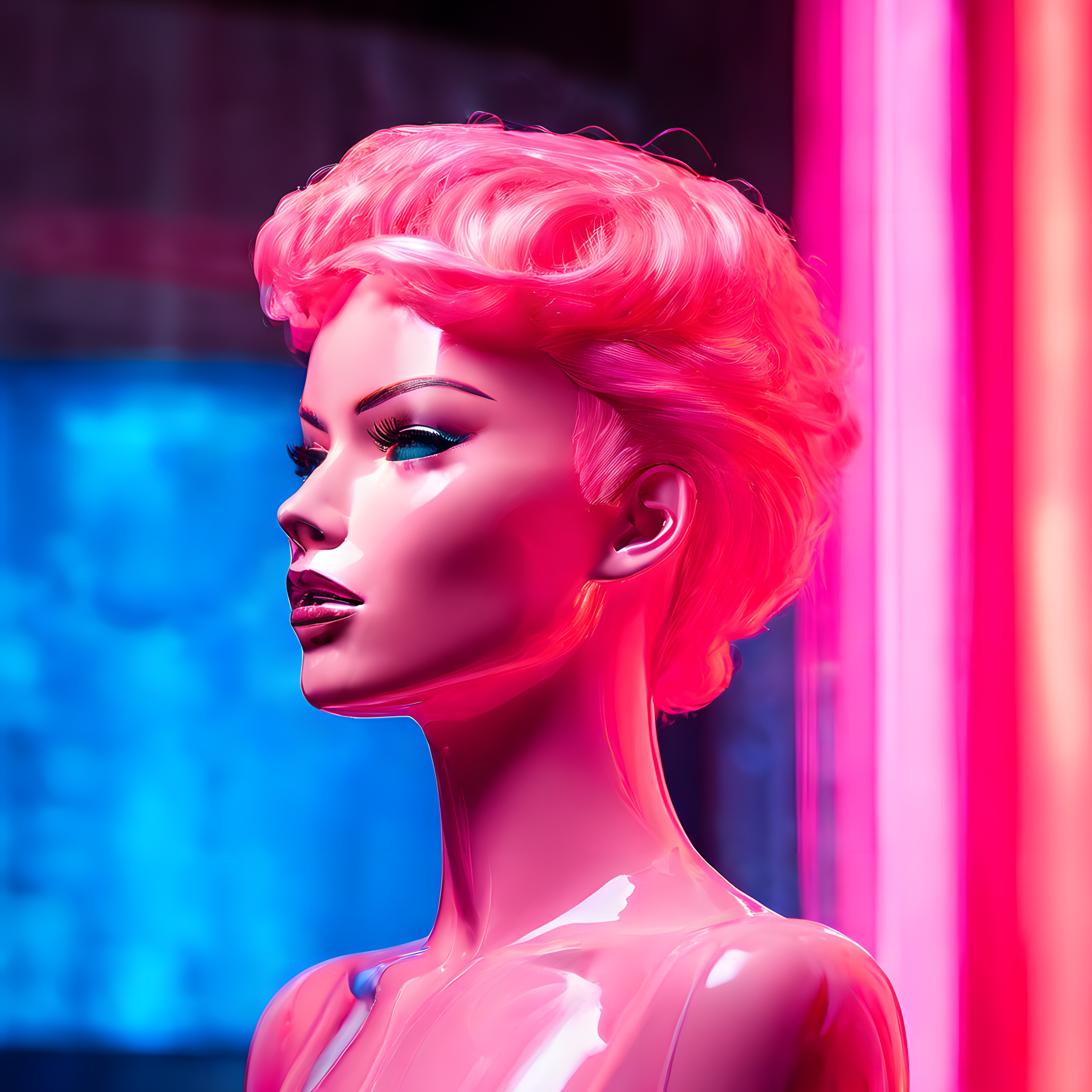 Neon Işıklarla Aydınlatılmış Pembe Saçlı Dijital Sanat Portresi