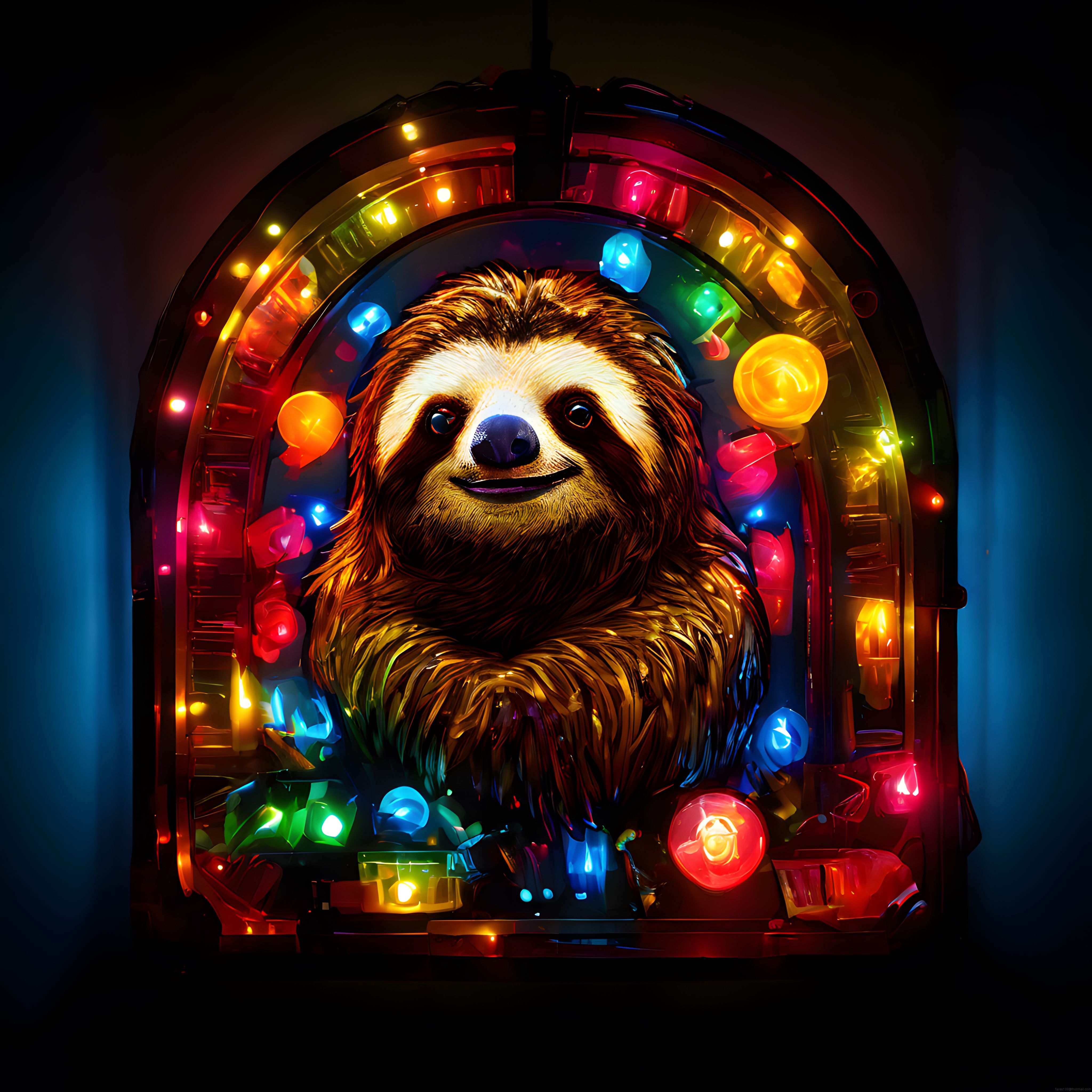 Neon Işıklarla Aydınlatılmış Sevimli Tembel Hayvan Dijital Sanat Portresi