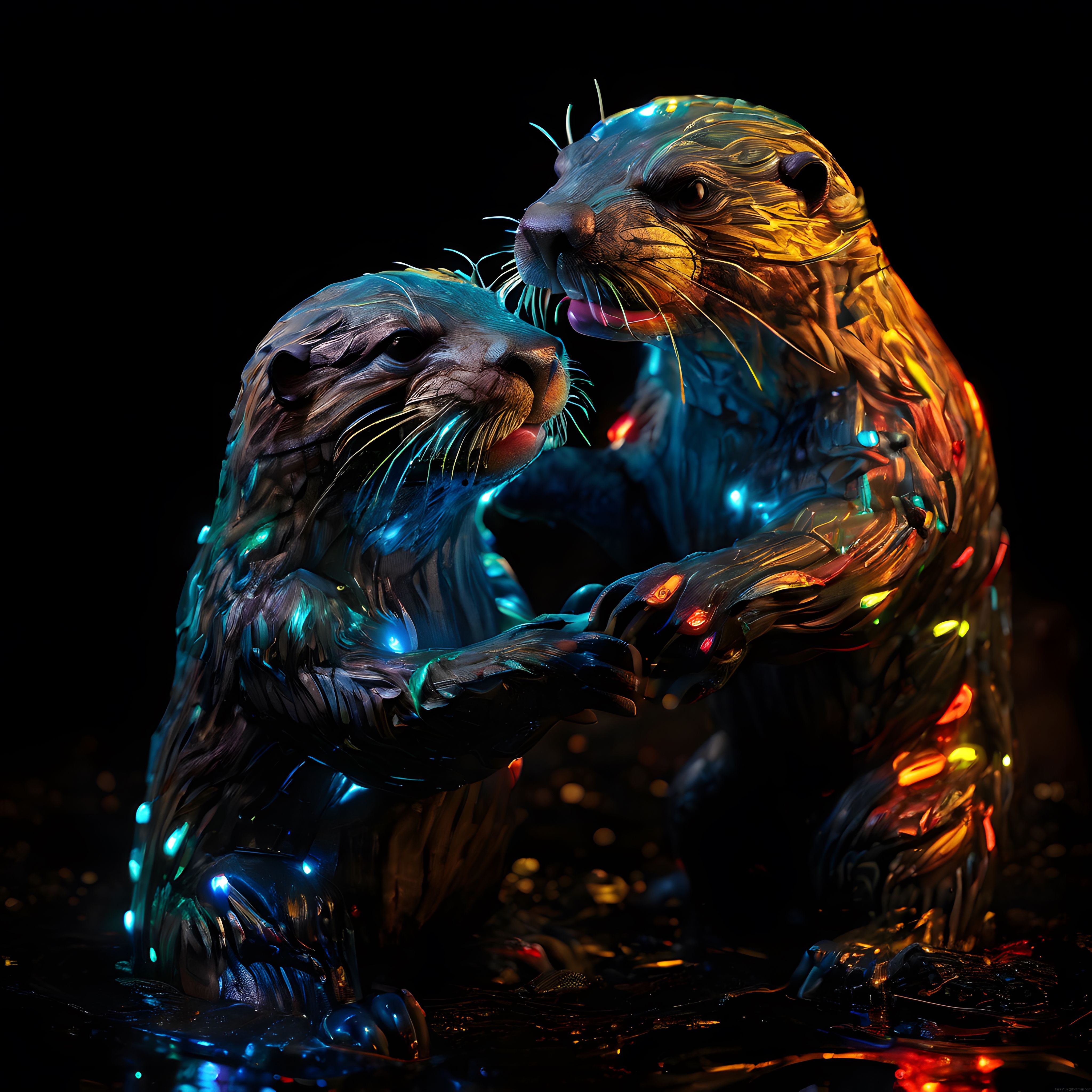 Neon Işıklarla Aydınlatılmış Su Samuru Çiftinin Büyüleyici Dijital Sanat Çalışması