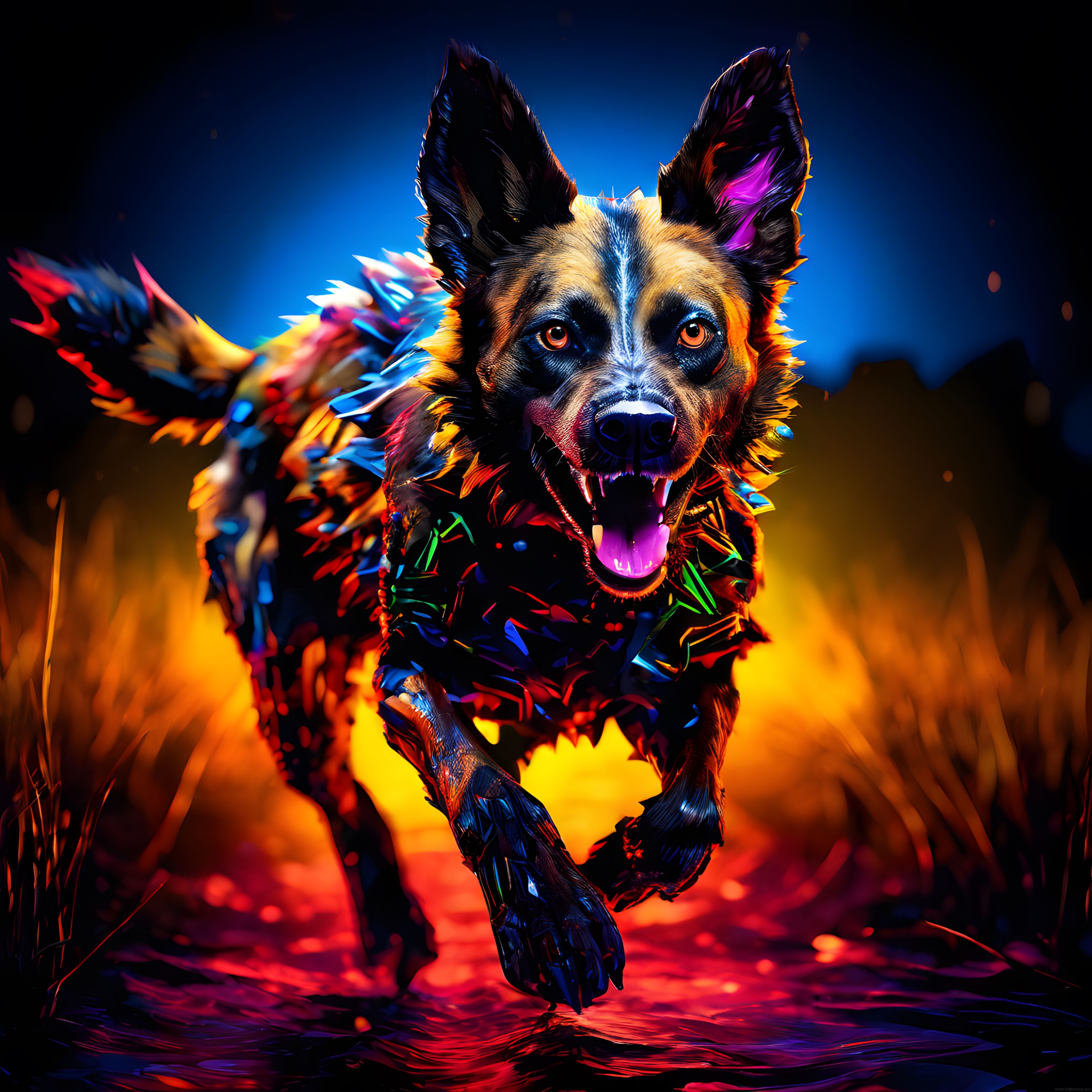 Neon ışıklarla bezeli agresif bir Afrika yaban köpeğinin dijital sanat portresi