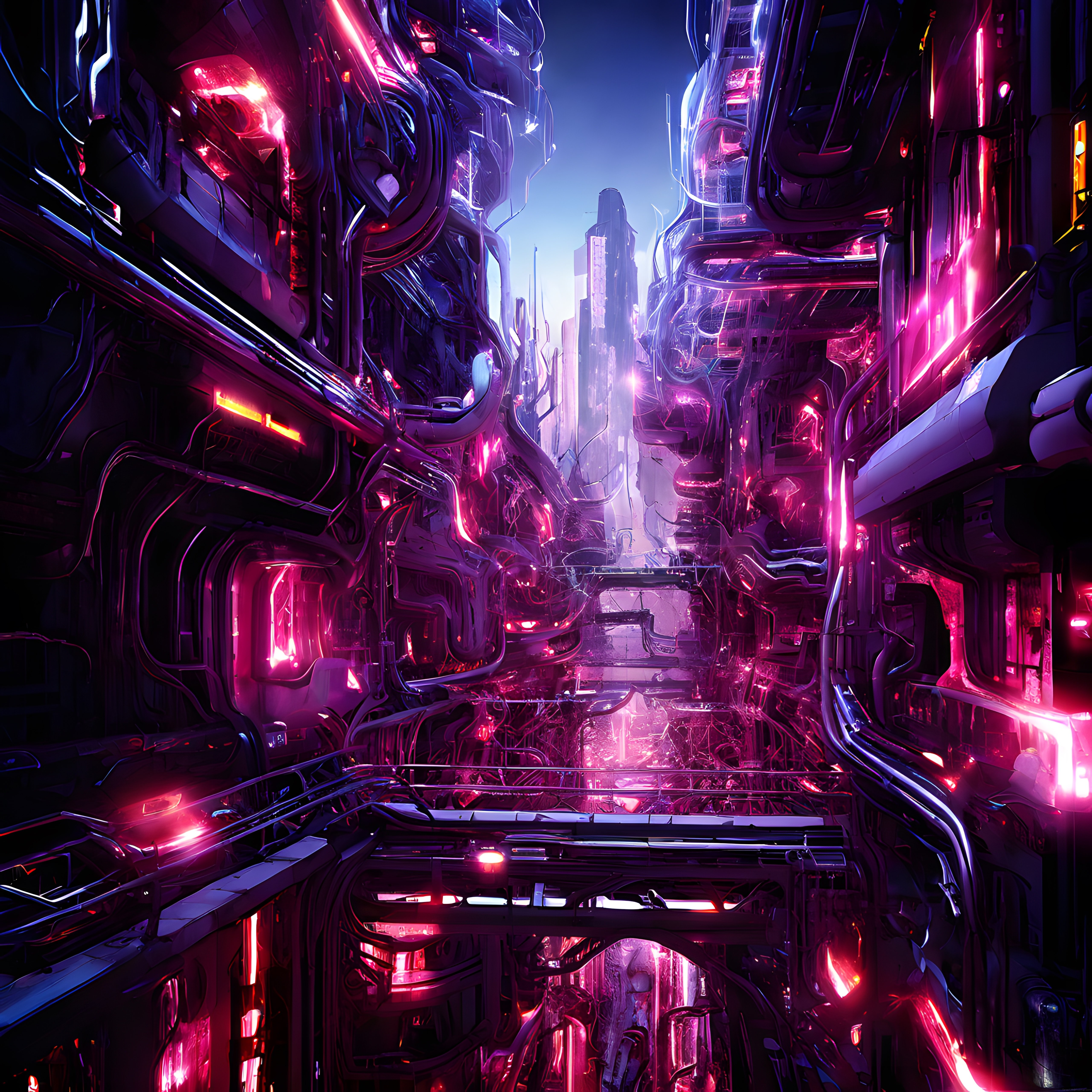 Neon ışıklarla bezeli cyberpunk biyomekanik şehir ve distopik atmosfer