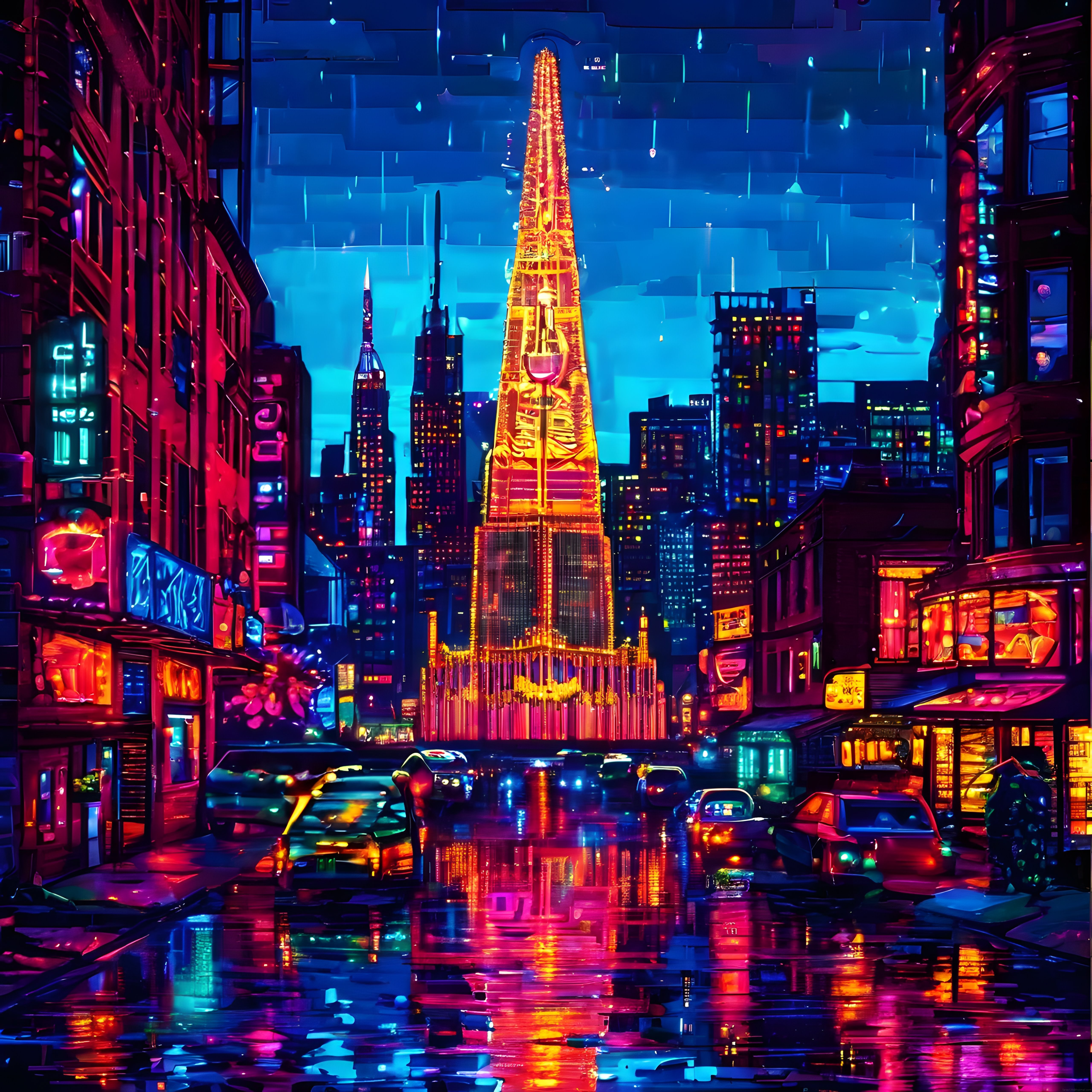 Neon ışıklarla bezeli cyberpunk şehir manzarası: yağmurlu gece ve yansımalar