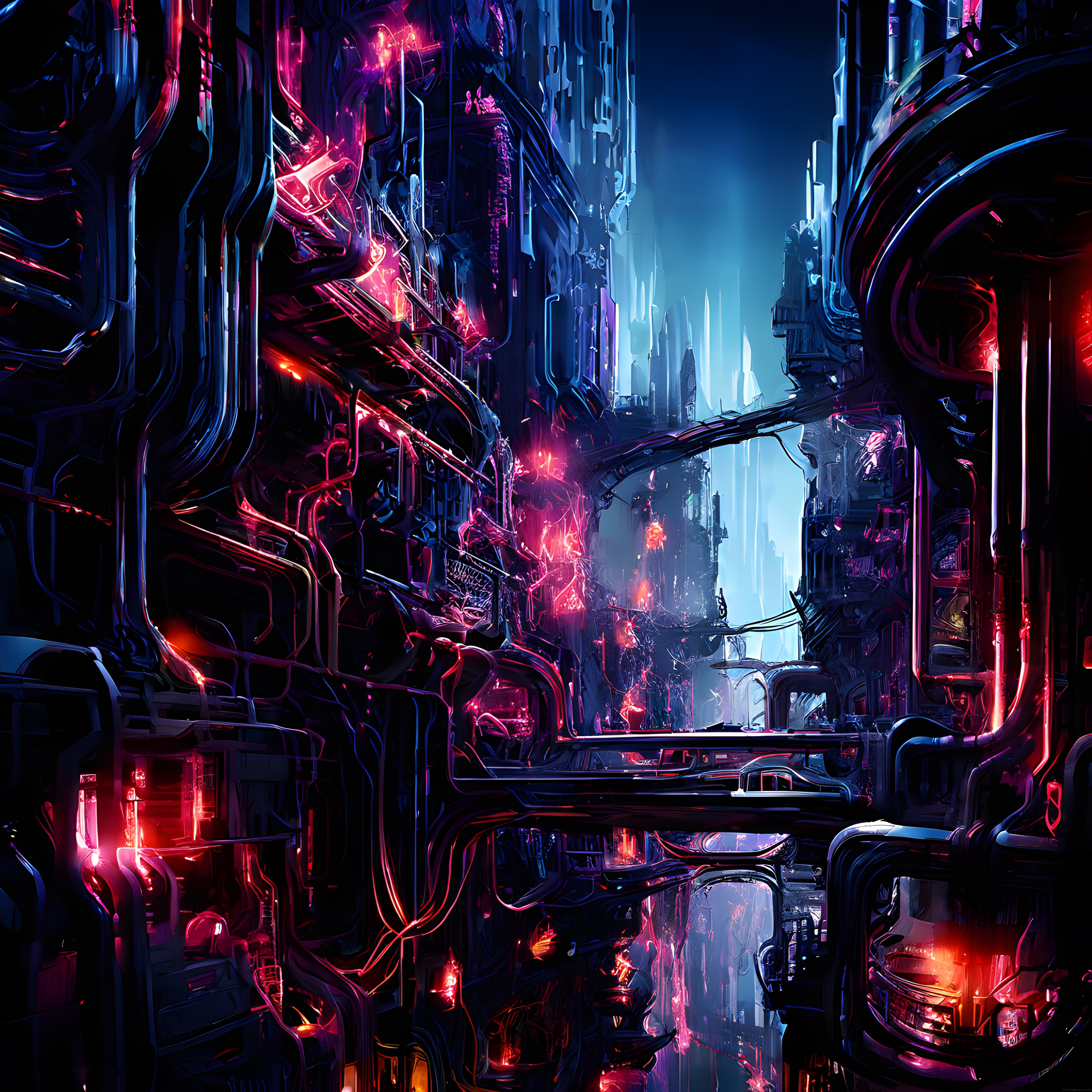 Neon ışıklarla bezeli organik cyberpunk şehir ve karanlık mimari detaylar