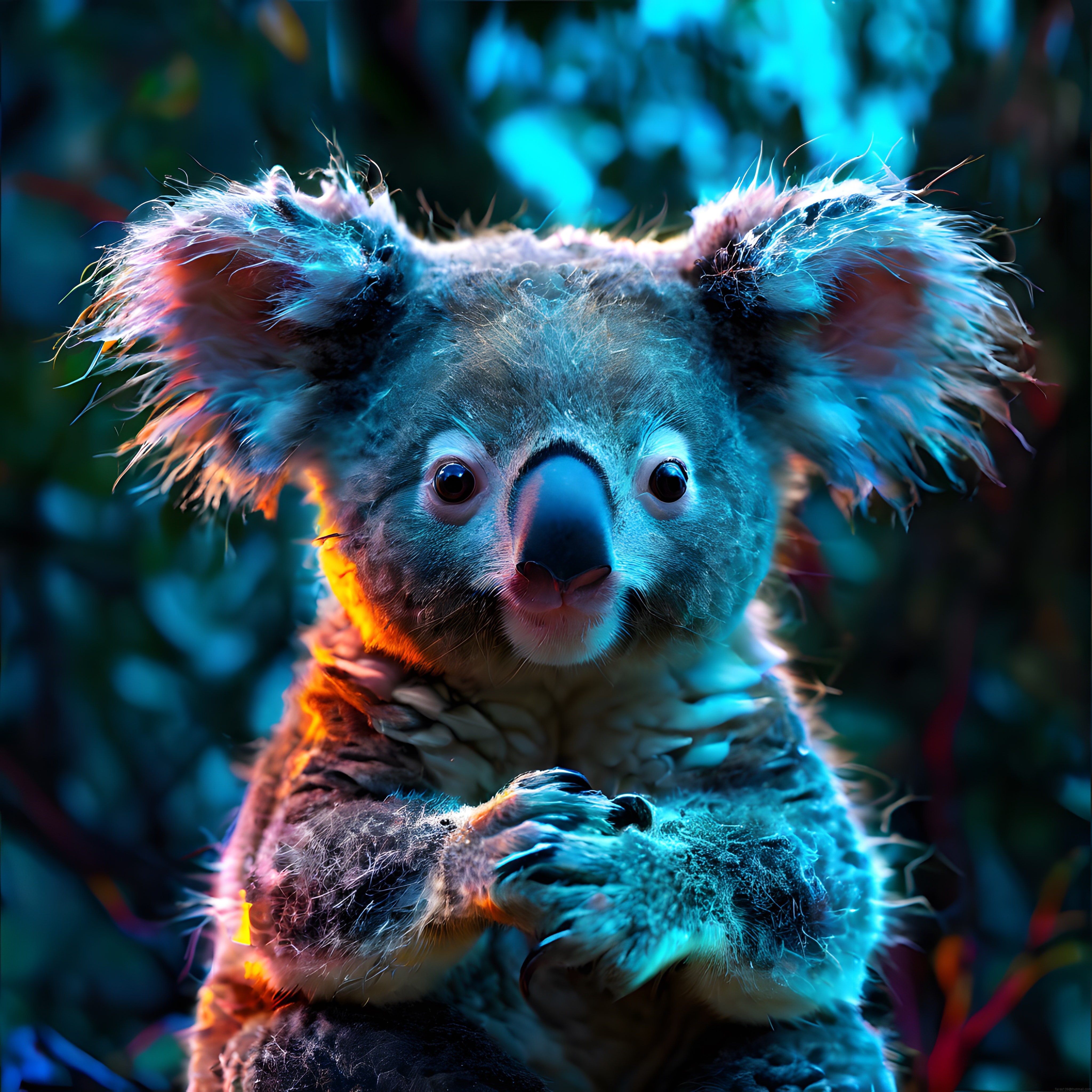 Neon Işıklarla Boyalı Gizemli Koala Portresi ve Büyüleyici Orman Atmosferi