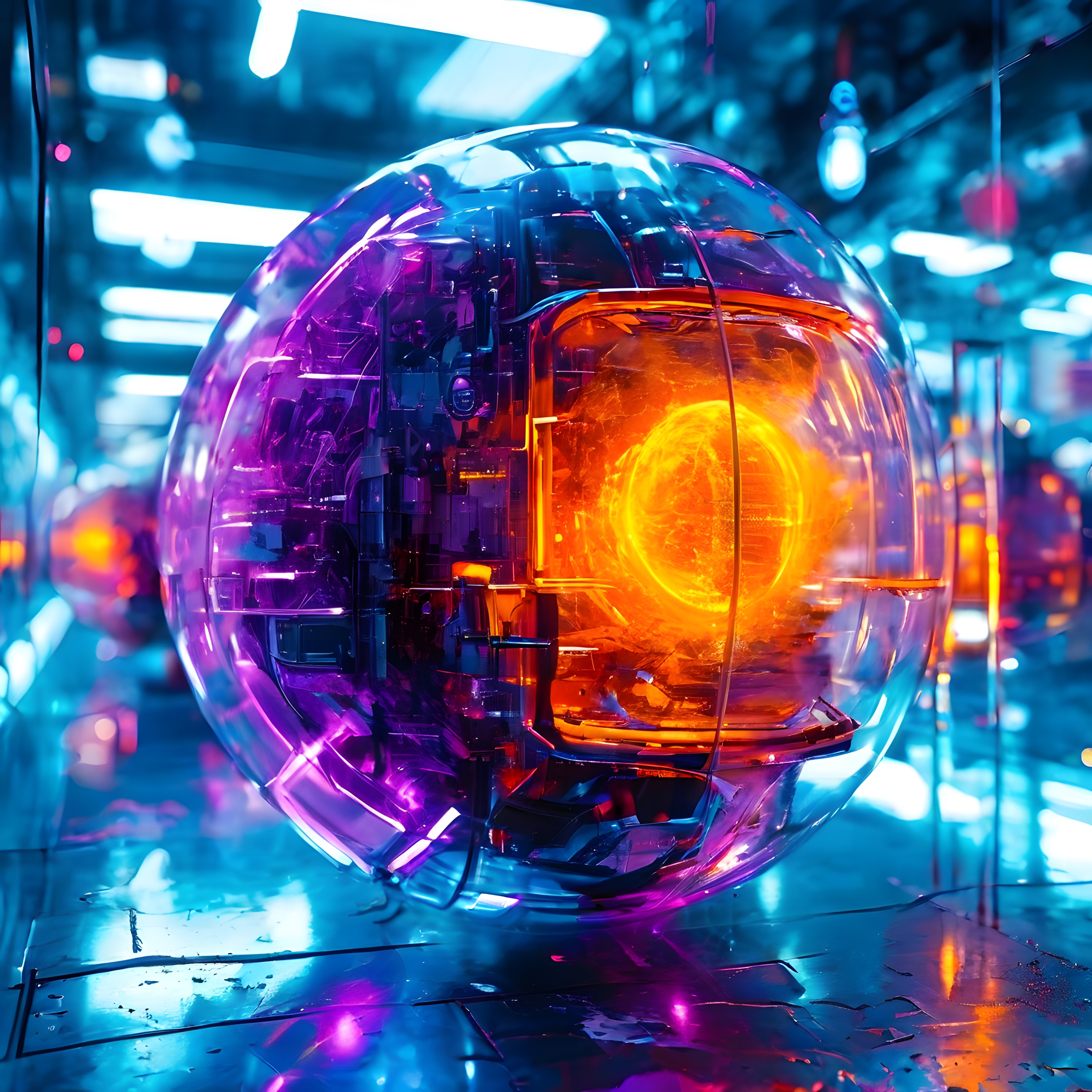 Neon ışıklarla çevrili fütüristik küre ve bilim kurgu dijital sanatı