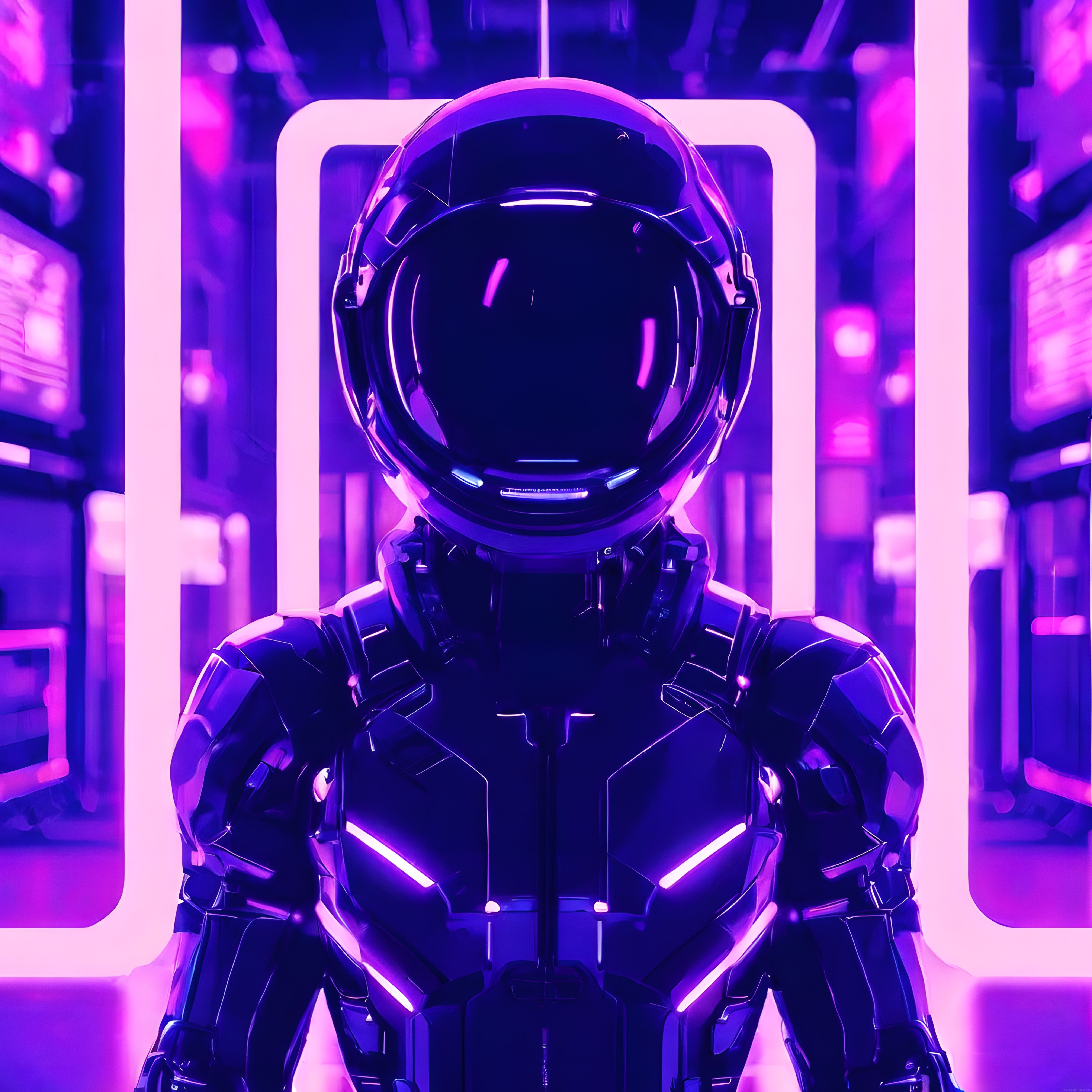 Neon Işıklarla Çevrili Gizemli Astronot Portresi ve Dijital Uzay Atmosferi
