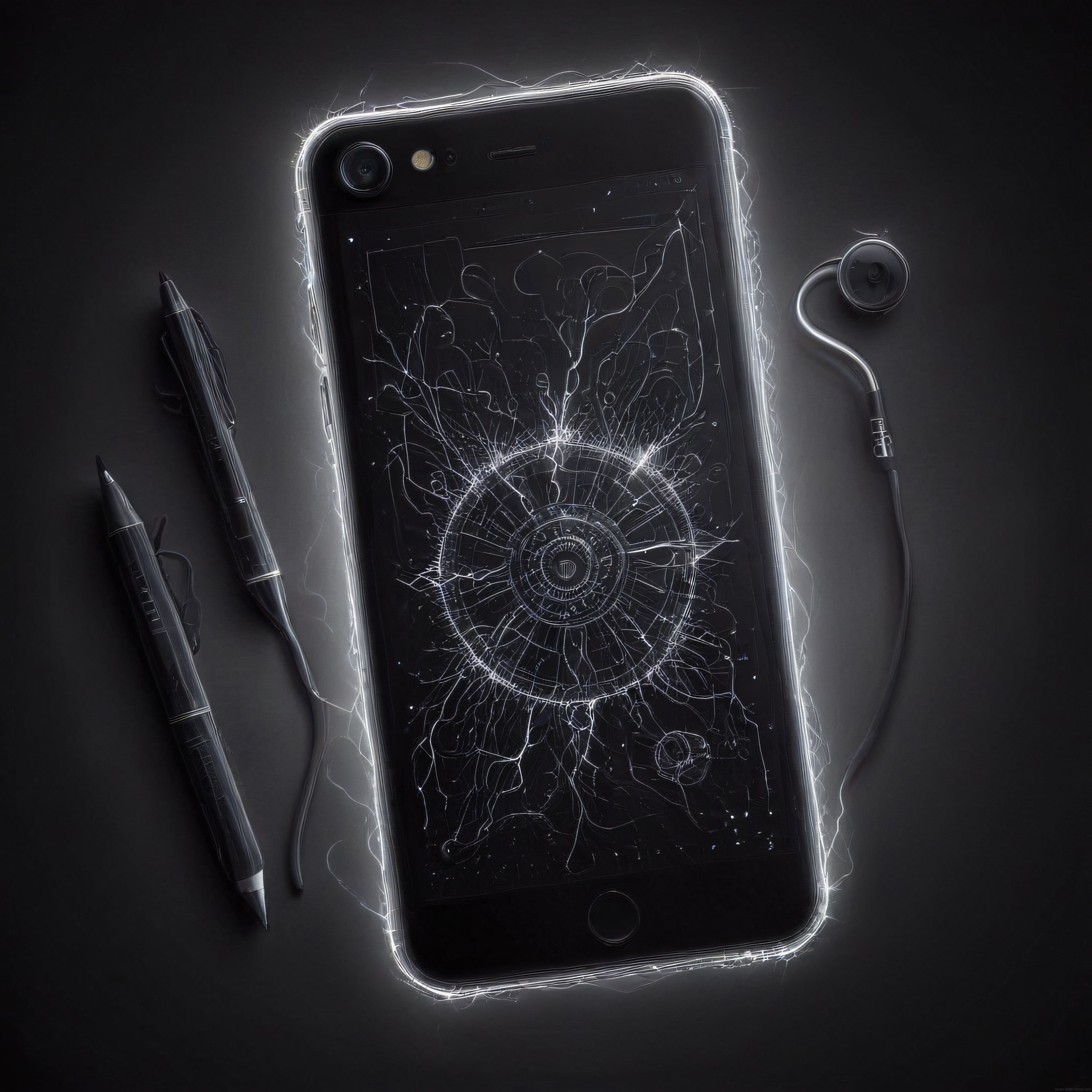 Neon ışıklarla çevrili kırık ekranlı telefon ve karanlık dijital sanat tasarımı