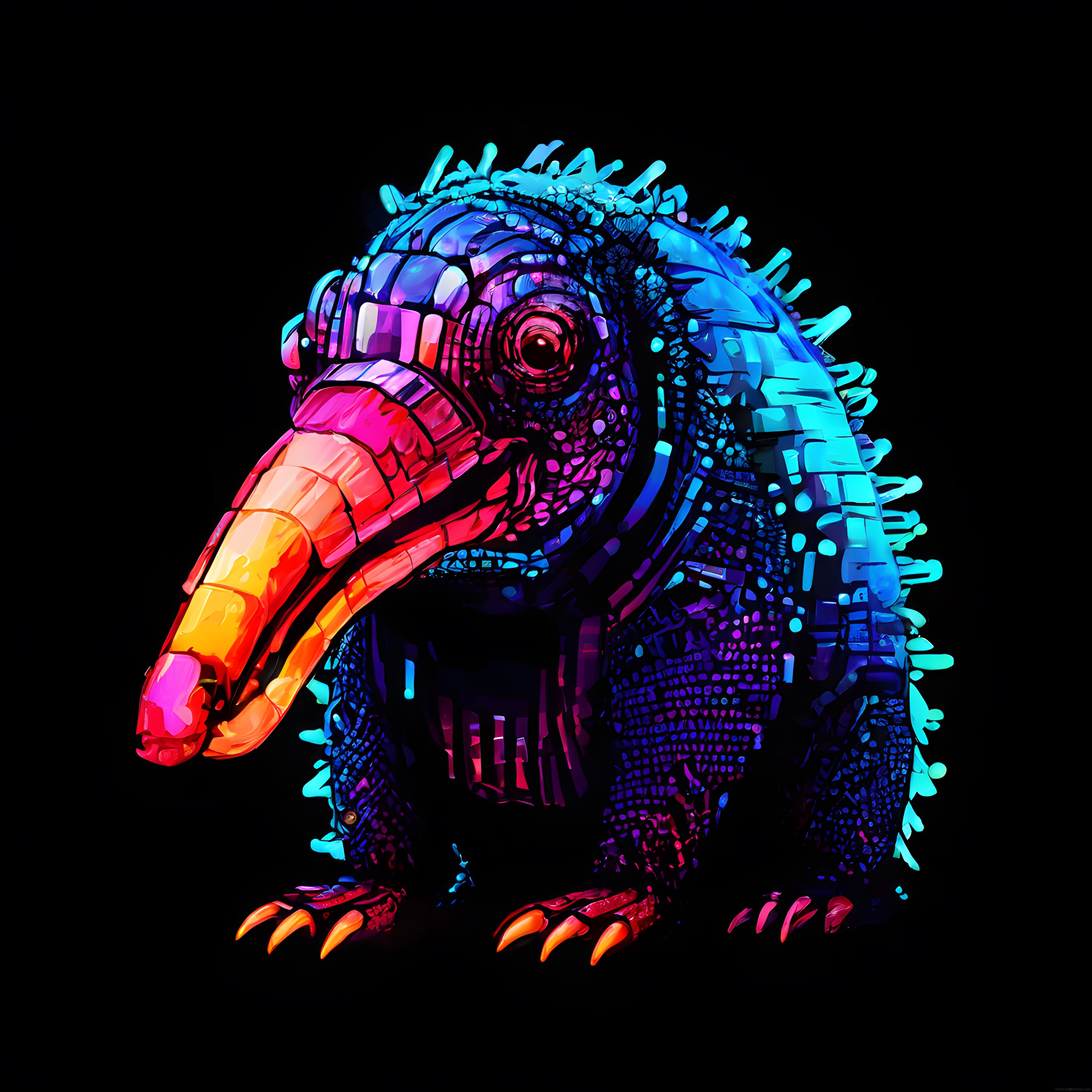 Neon ışıklarla parıldayan fantastik bukalemum canavarı dijital sanat eseri