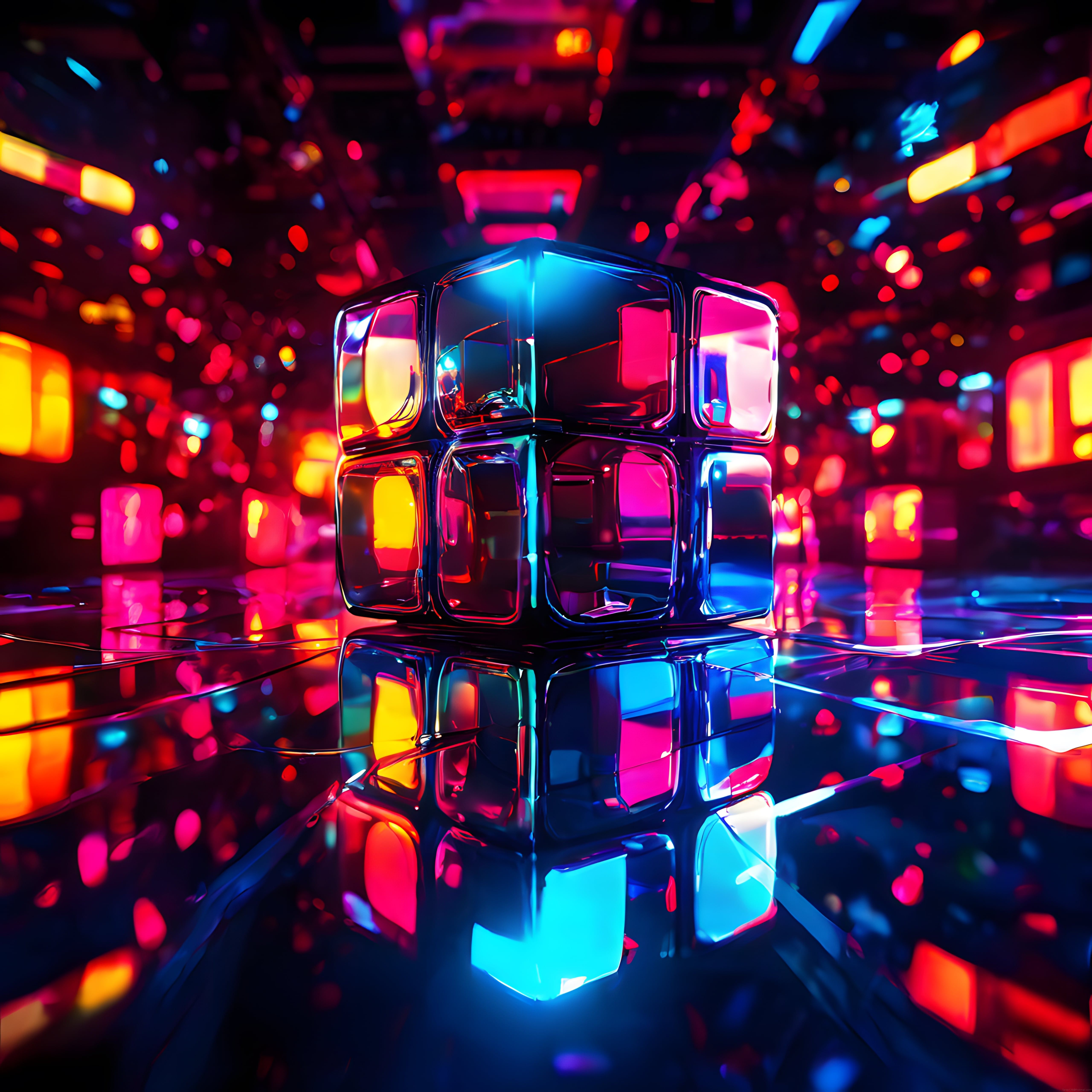 Neon Işıklarla Parıldayan Kristal Küp ve Soyut Bokeh Atmosferi