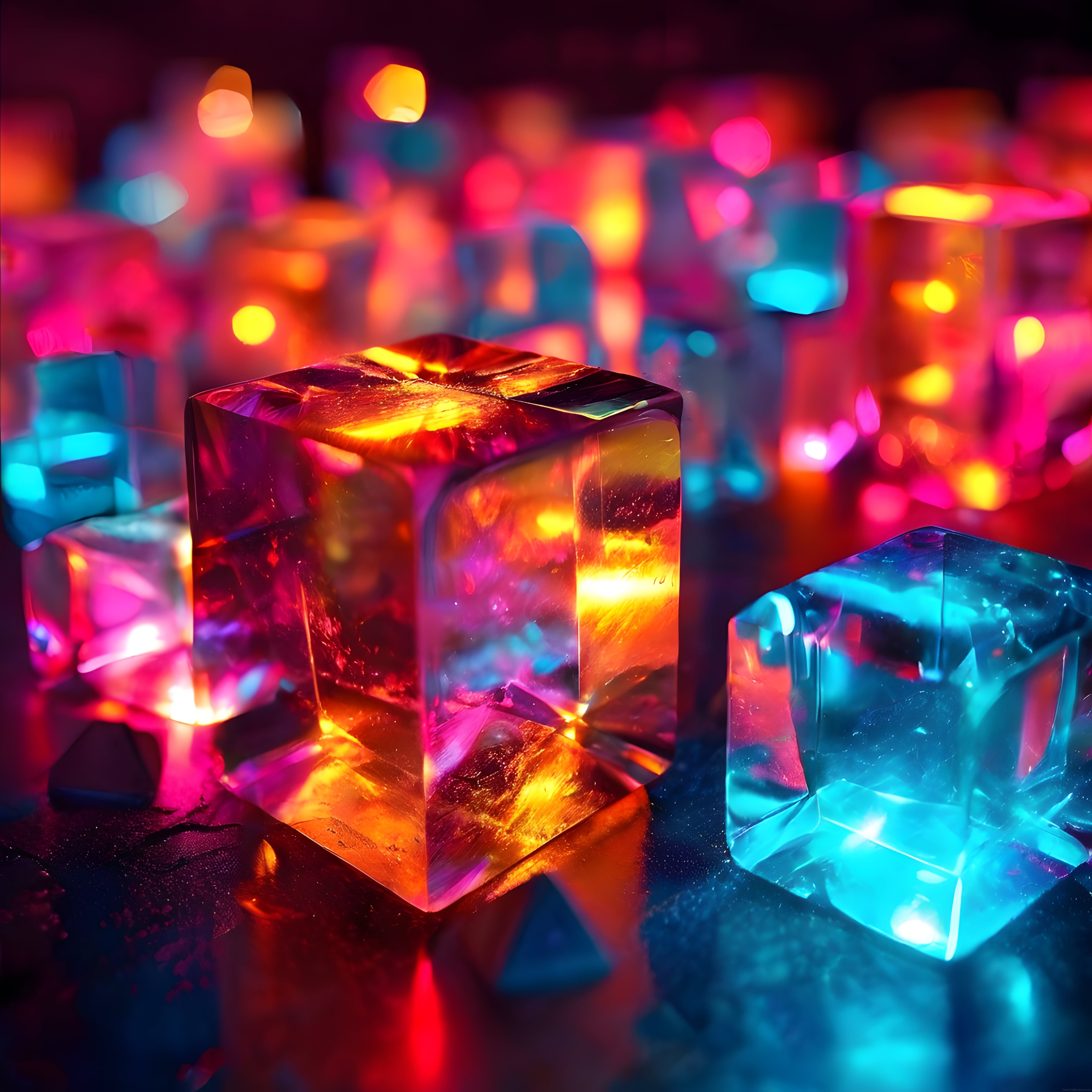 Neon Işıklarla Parıldayan Kristal Küpler ve Soyut Dijital Sanat Arka Planı