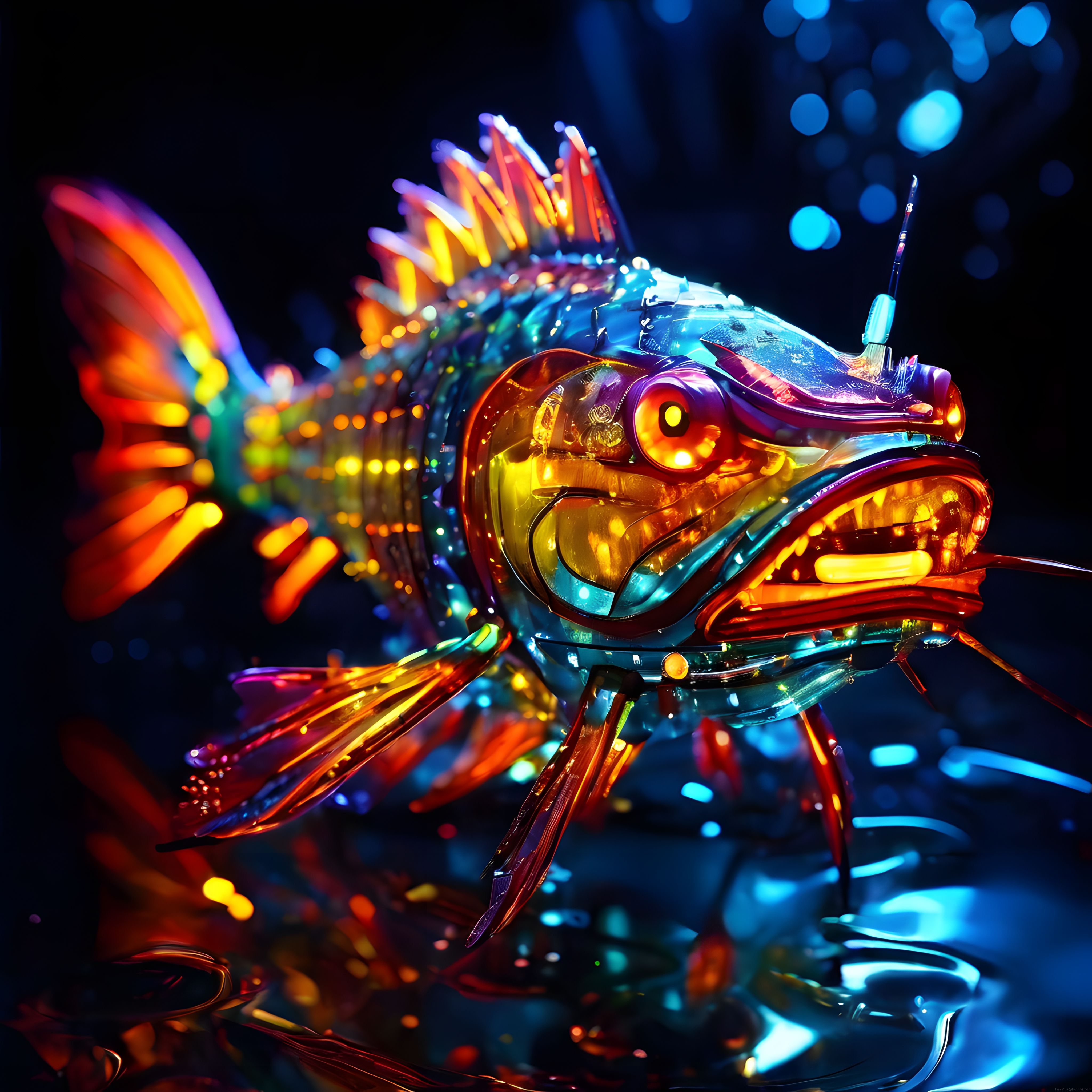 Neon ışıklarla parıldayan şeffaf robot balık dijital sanat eseri