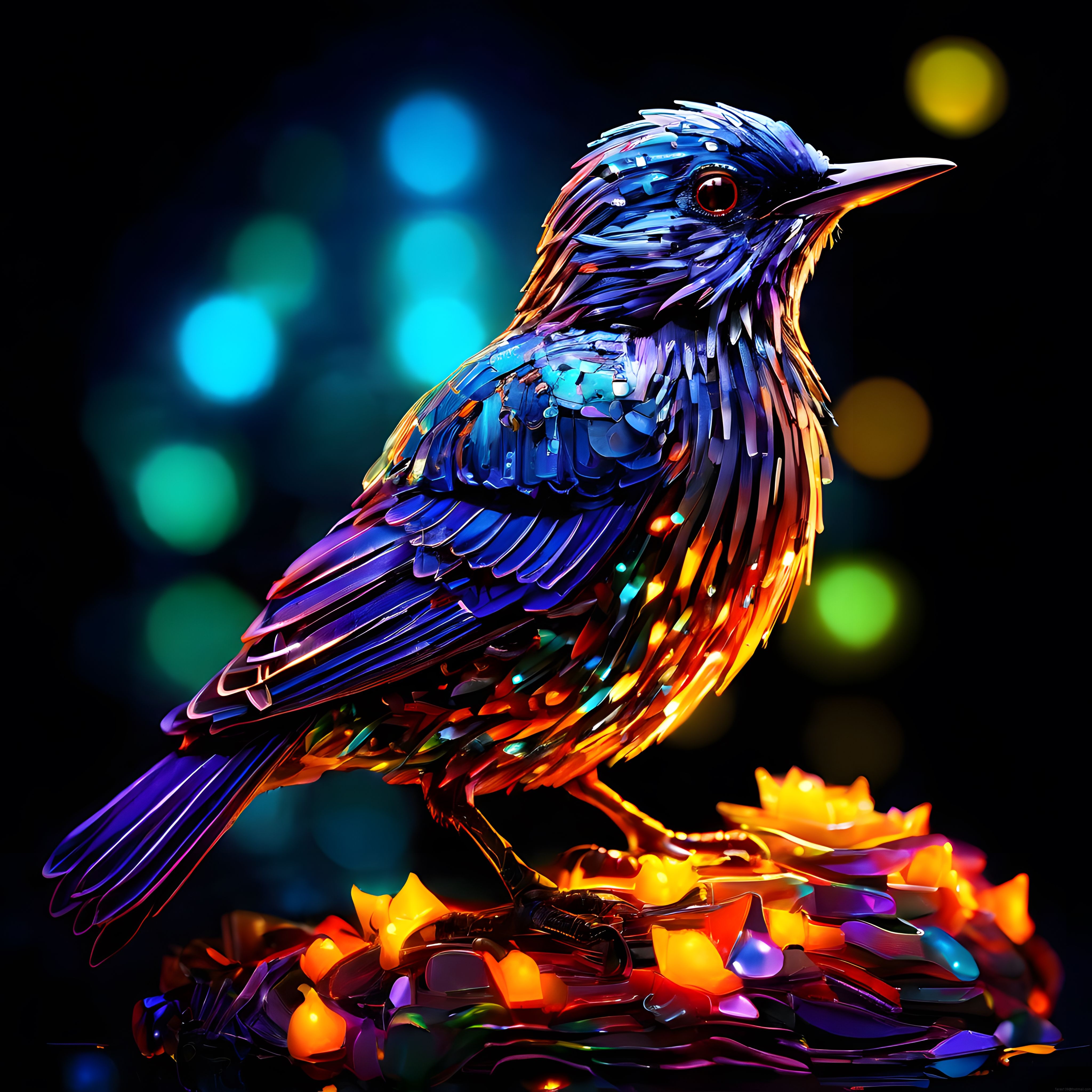 Neon Işıklarla Parlayan Fantastik Kuş Heykeli Dijital Sanat Çalışması