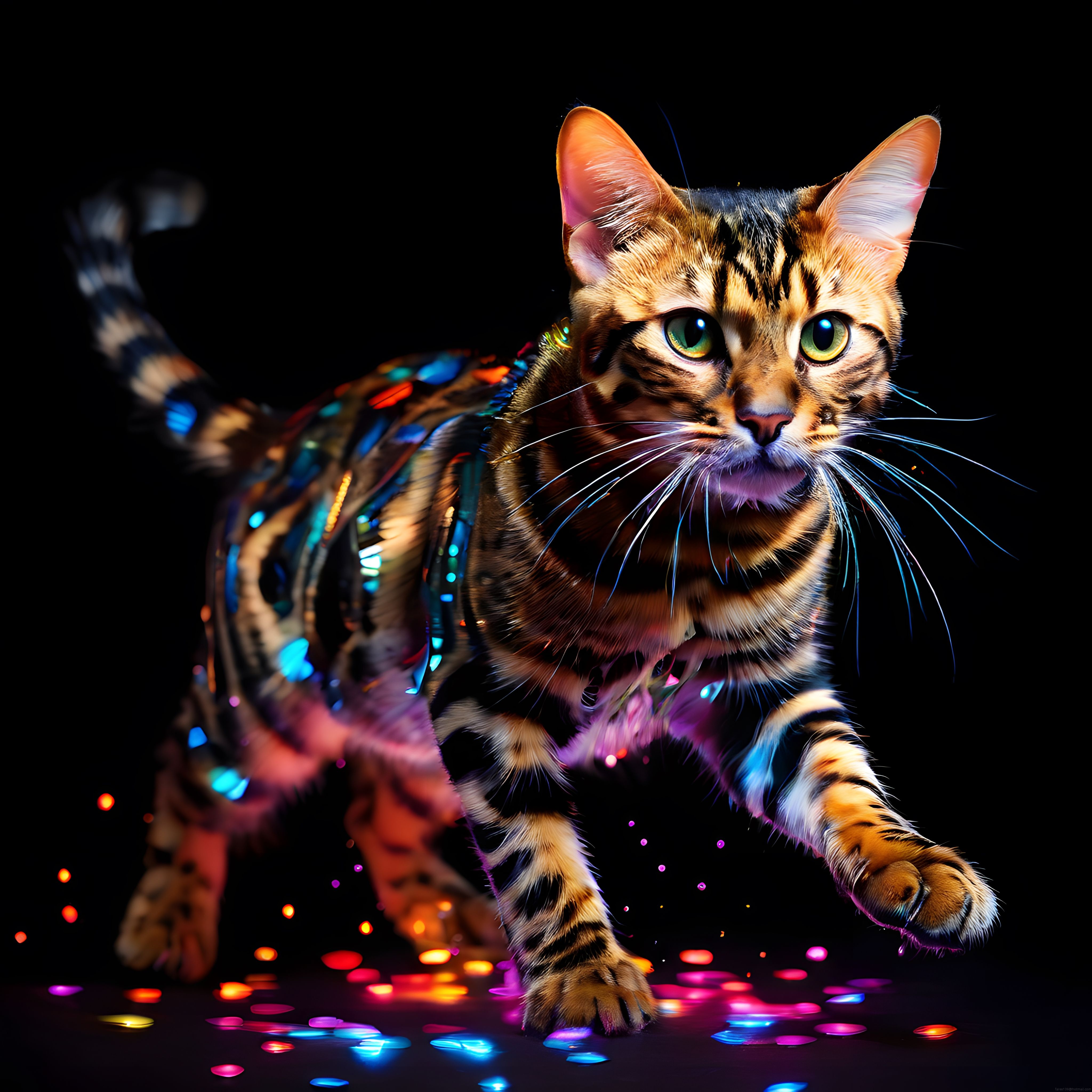 Neon Işıklarla Süslenmiş Bengal Kedisi: Göz Alıcı Dijital Sanat Eseri