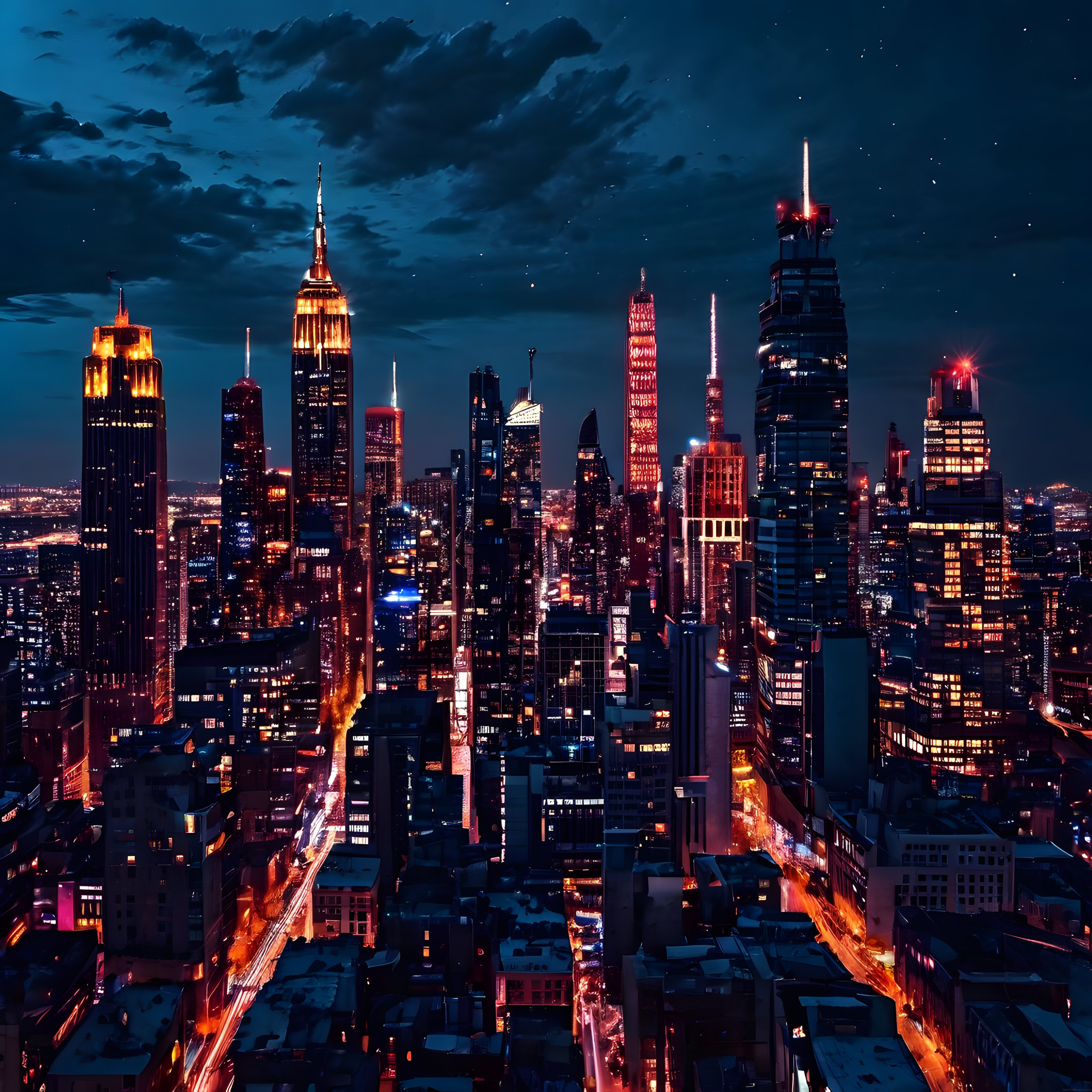 Neon Işıklarla Süslenmiş Büyük Şehir Gecesi ve Gökdelen Manzarası