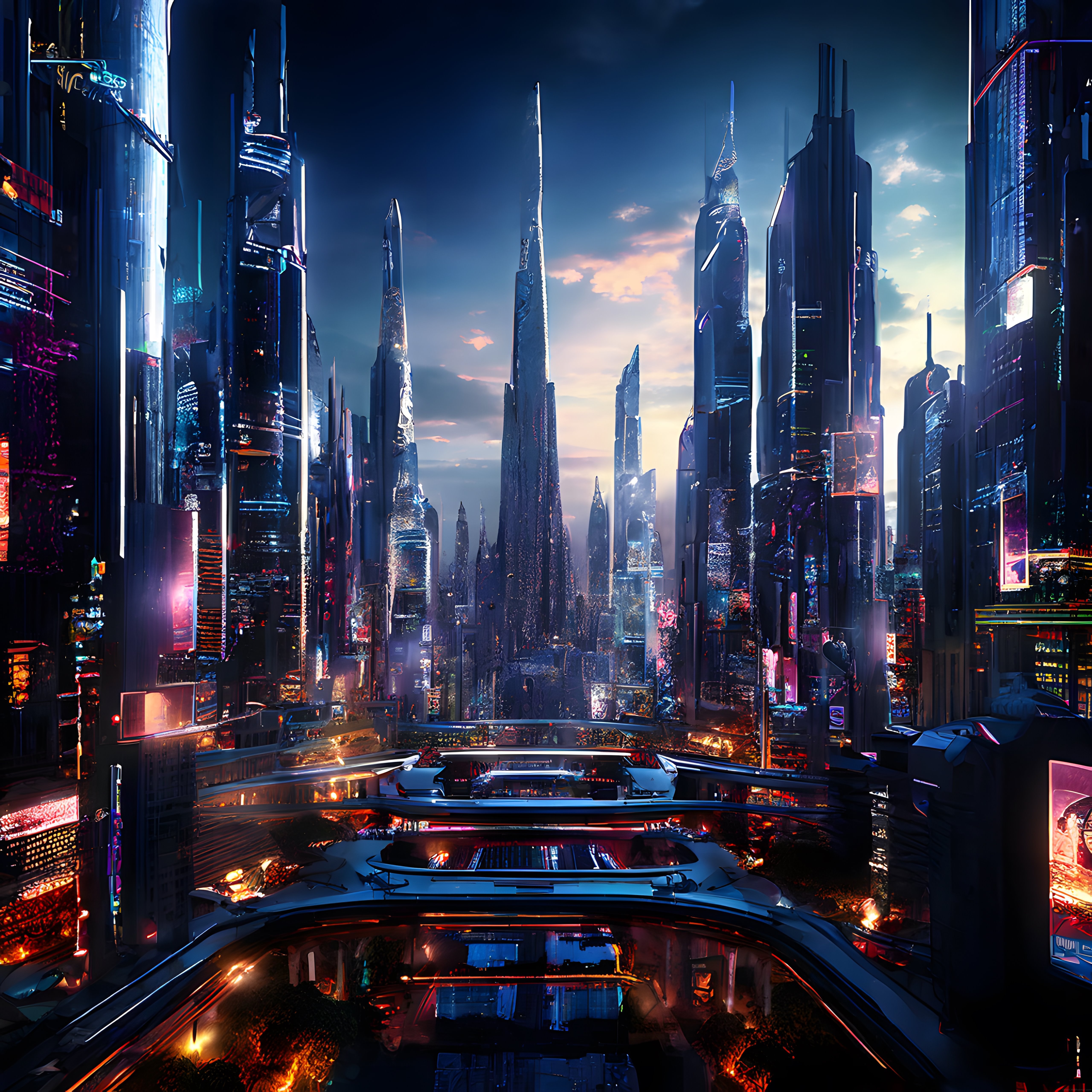 Neon ışıklarla süslenmiş cyberpunk metropolünün gizemli gelecek panoraması