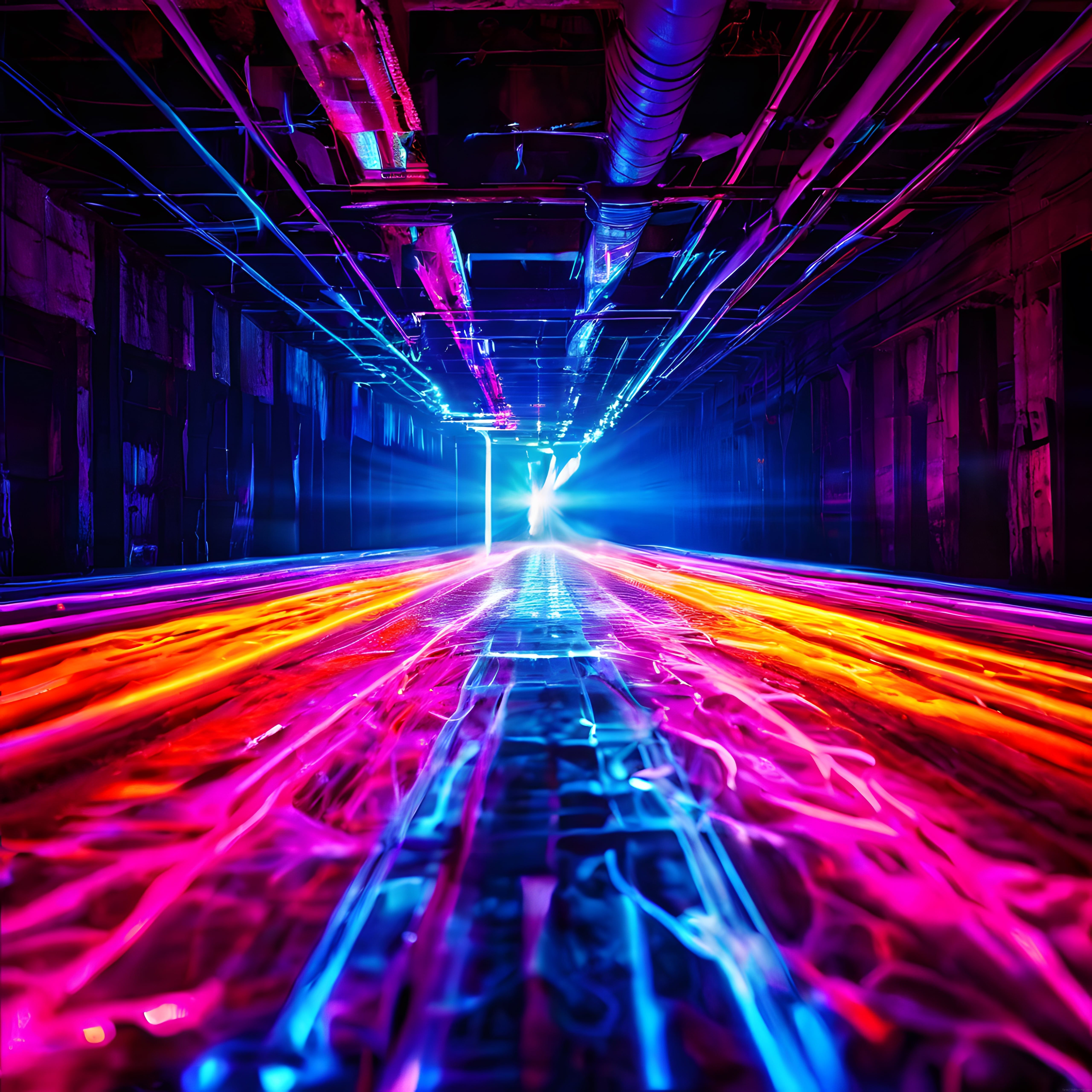neon ışıklarla süslenmiş cyberpunk tarzı alt geçit ve uzun pozlama ışık izleri