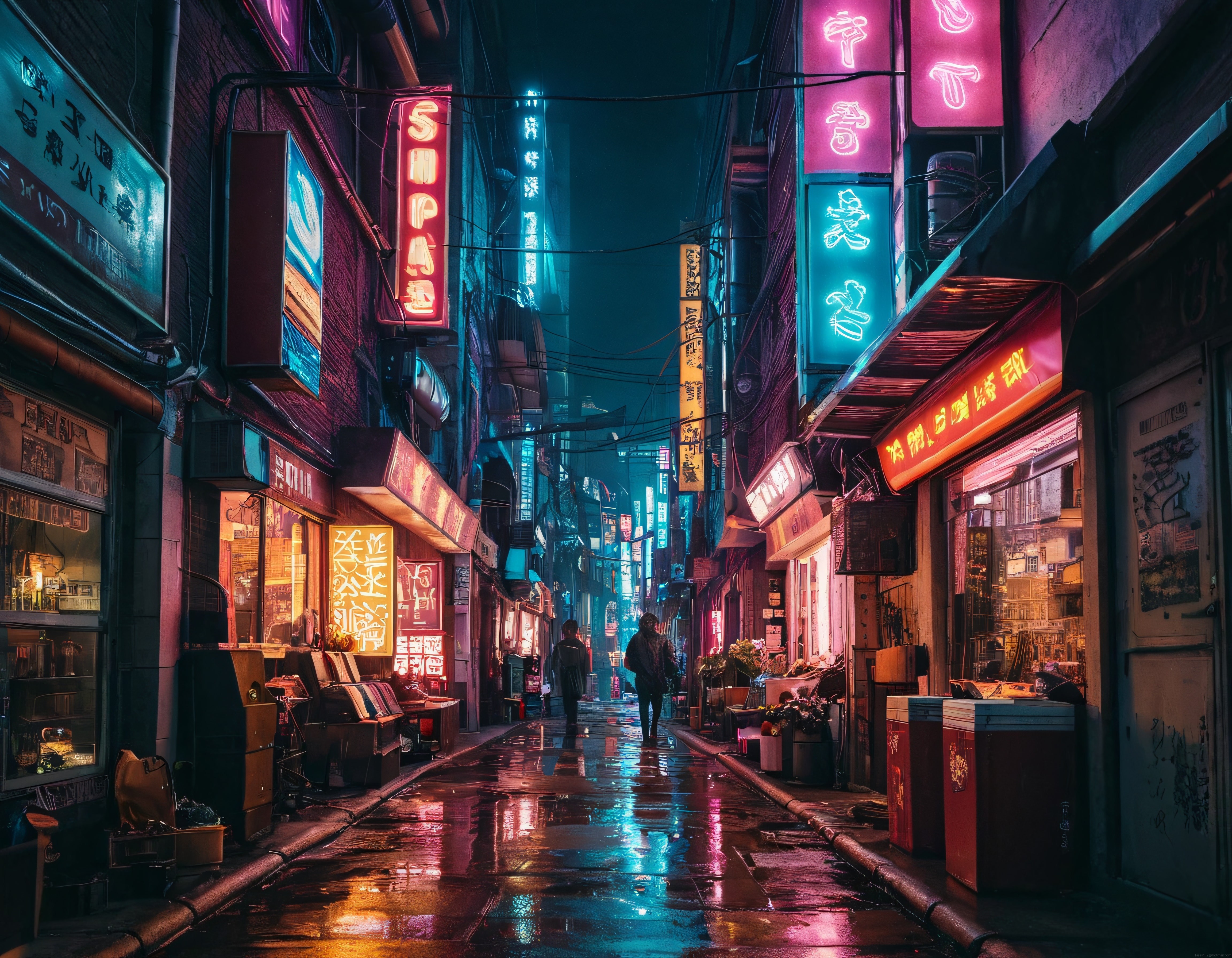 Neon Işıklarla Süslenmiş Dar Asya Sokağında Gizemli Gece Atmosferi