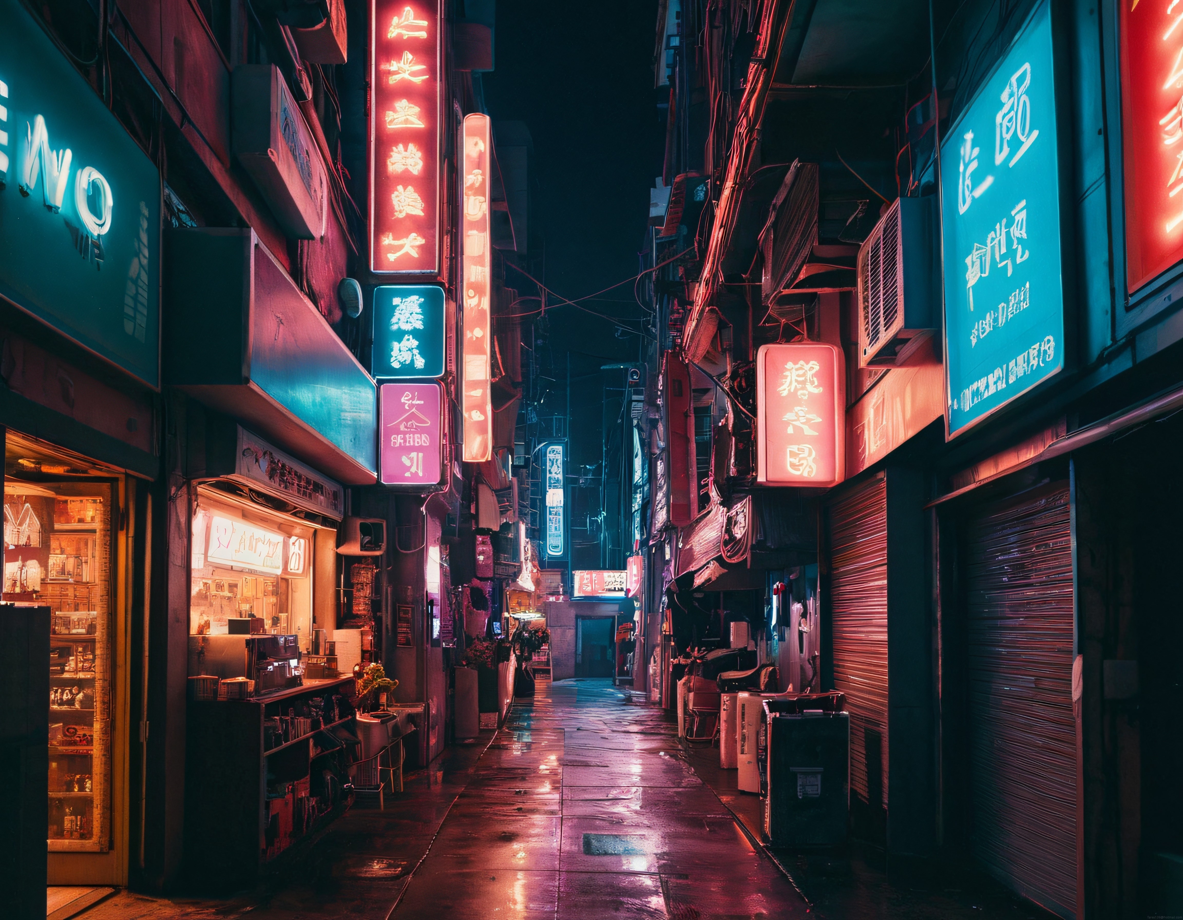 Neon Işıklarla Süslenmiş Dar Bir Asya Sokağının Gizemli Gece Atmosferi
