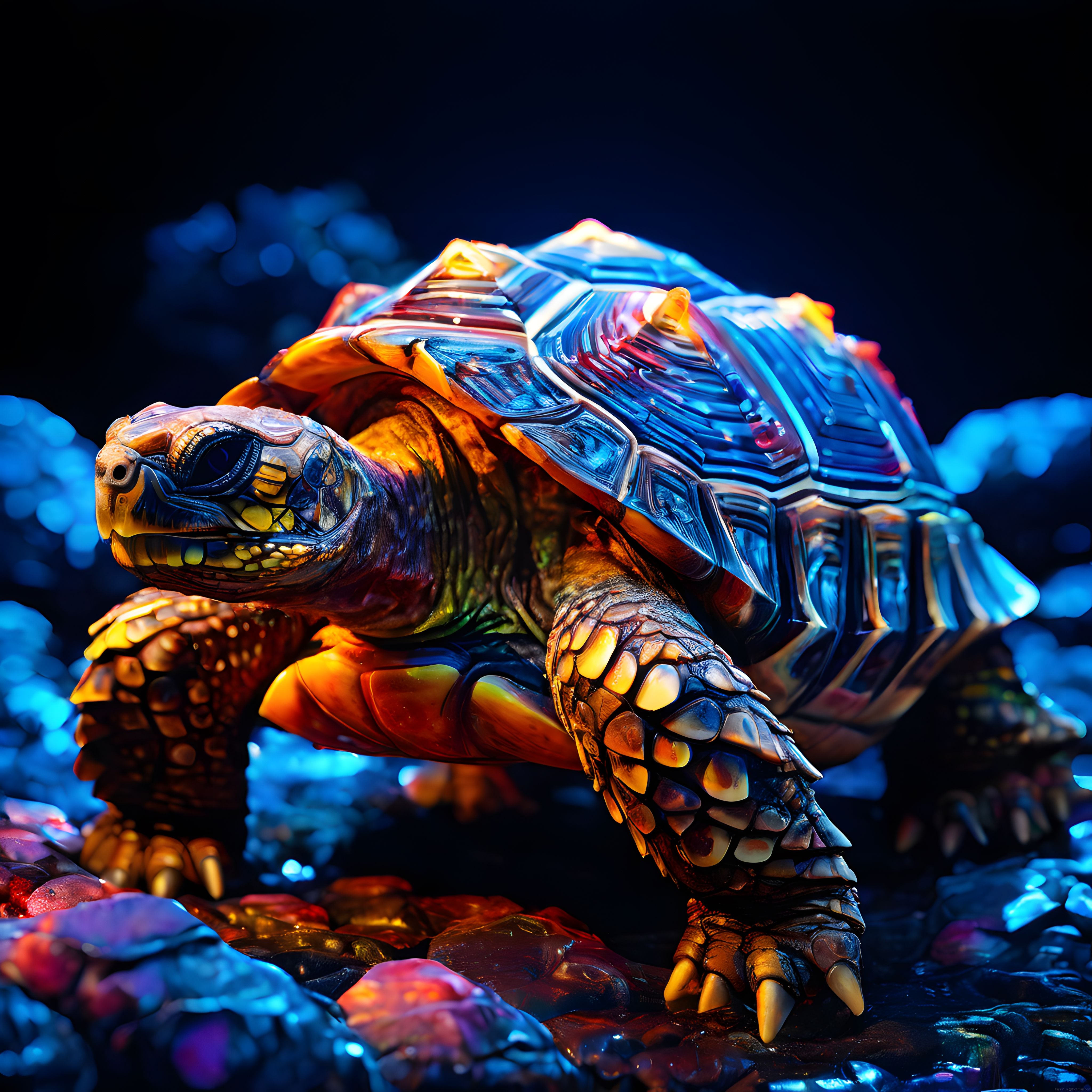 Neon Işıklarla Süslenmiş Fantastik Kristal Kaplumbağa Dijital Sanat Eseri