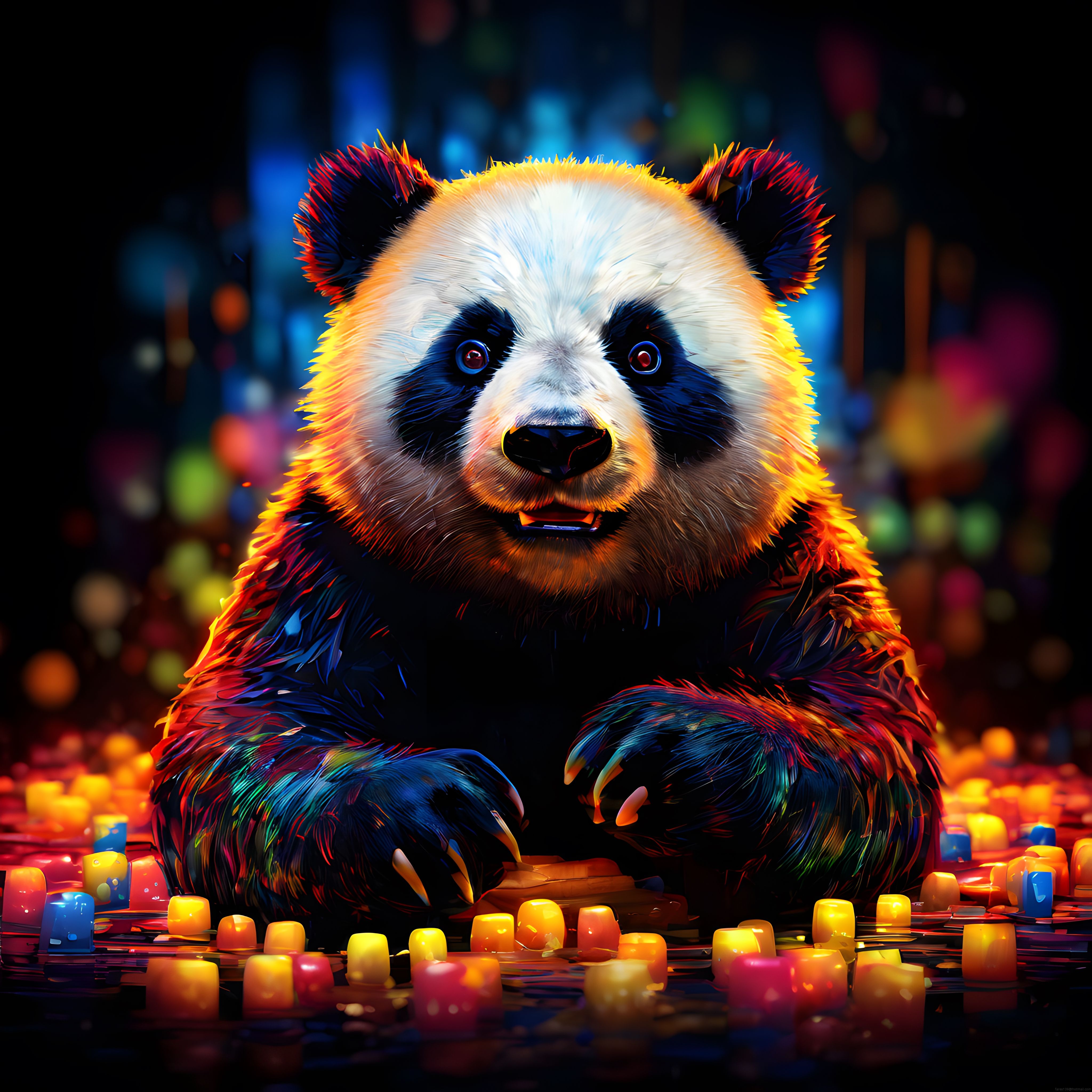 Neon Işıklarla Süslenmiş Fantastik Panda Dijital Sanat Eseri