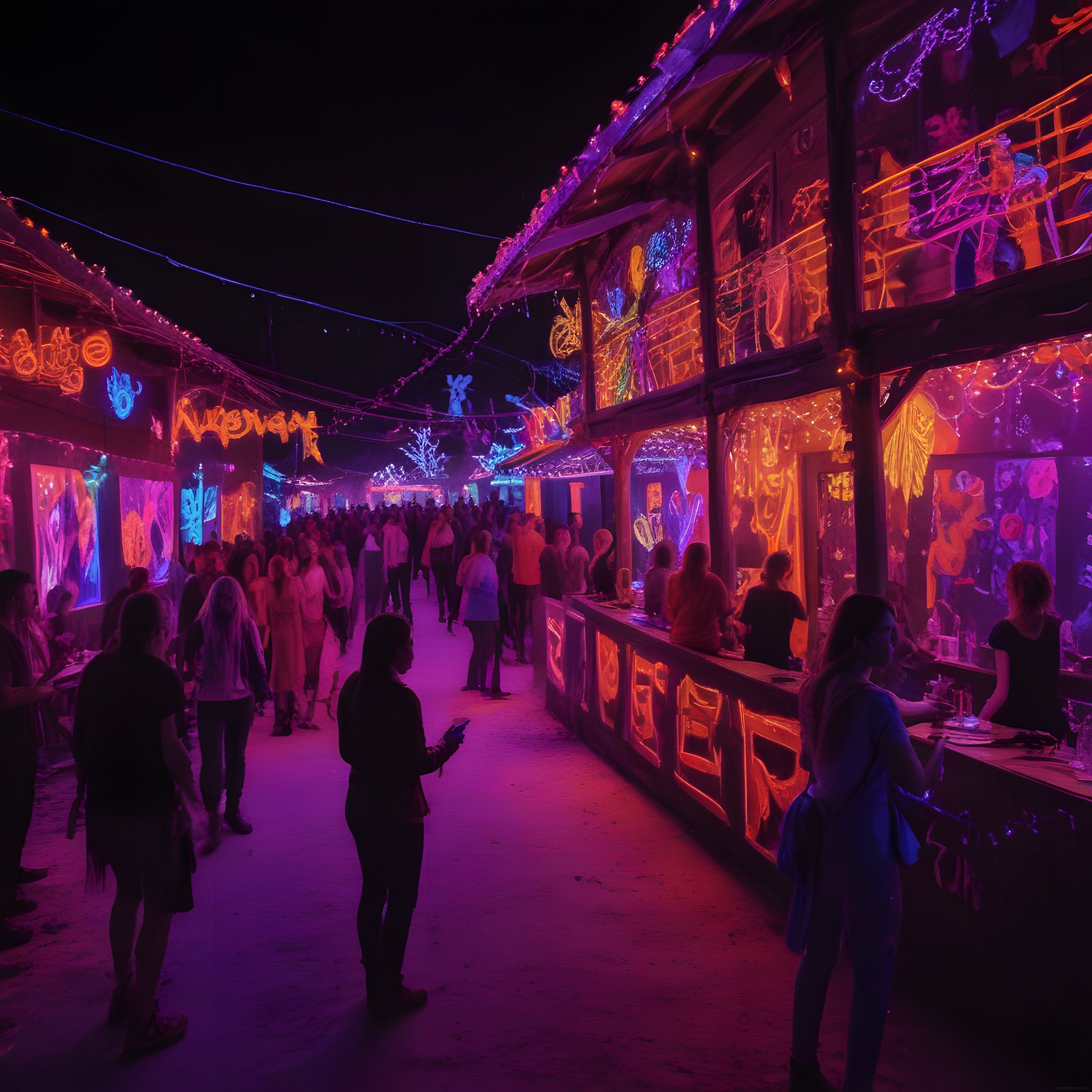 Neon ışıklarla süslenmiş festival sokağında büyüleyici gece atmosferi