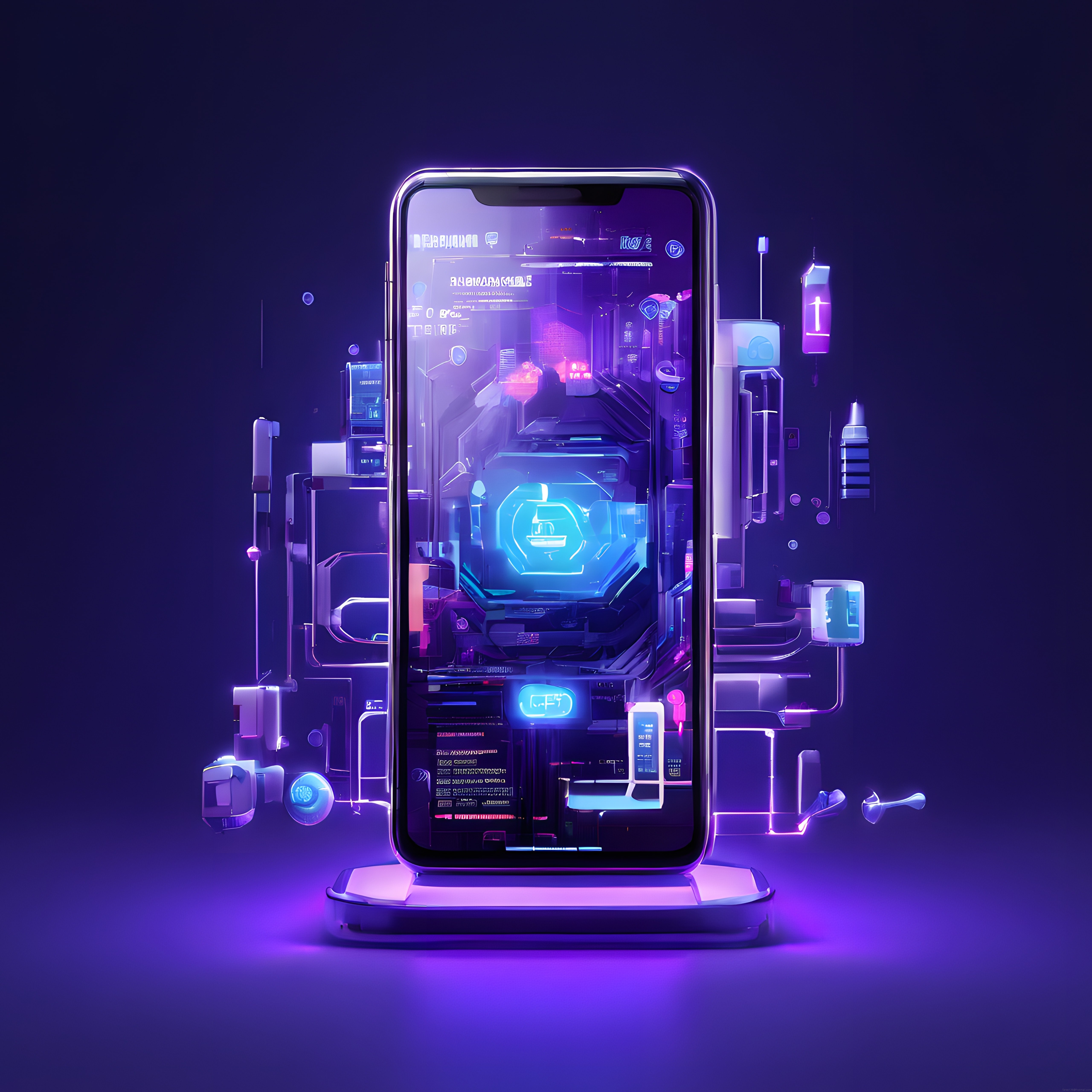 Neon Işıklarla Süslenmiş Fütüristik Akıllı Telefon ve Soyut Dijital Arayüz
