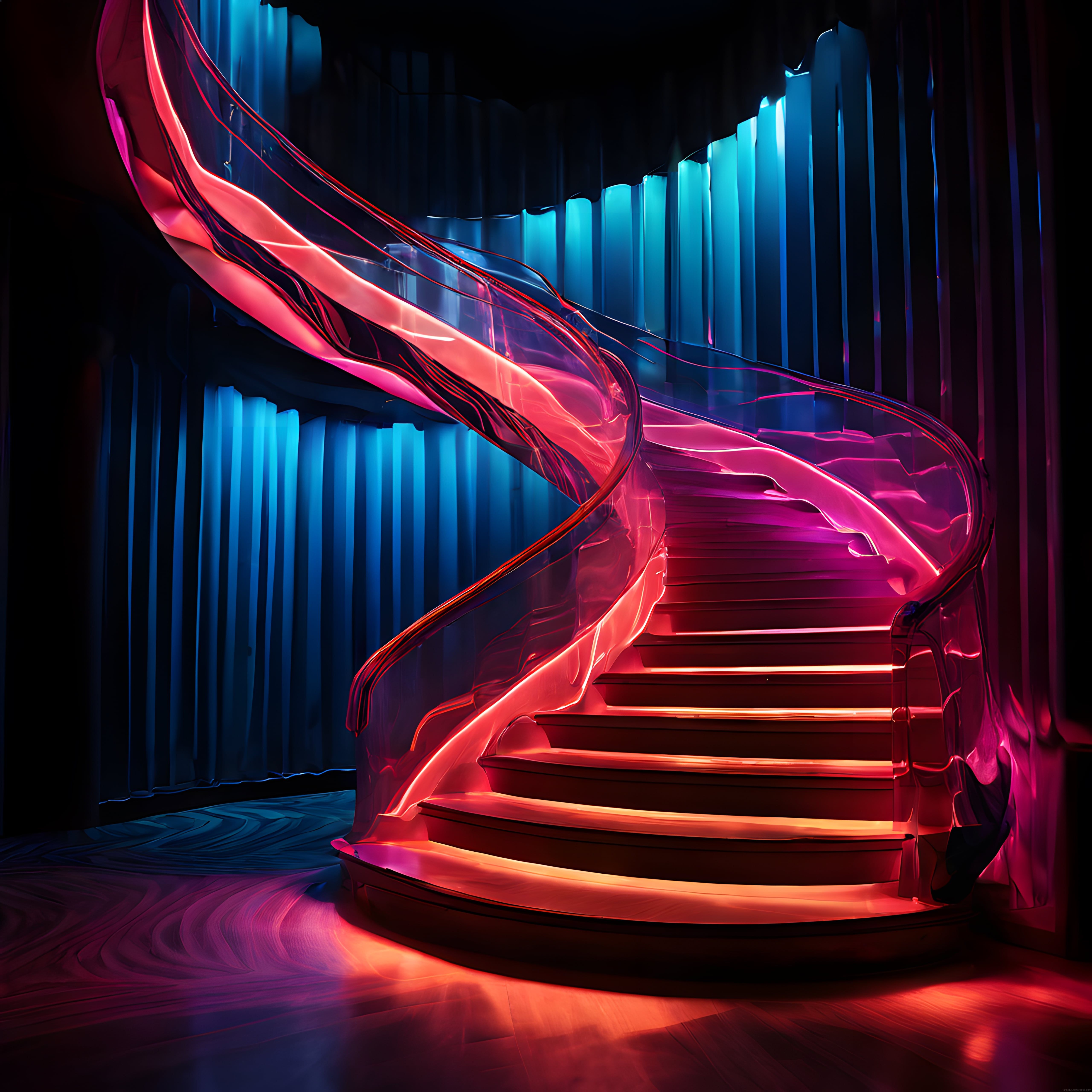Neon Işıklarla Süslenmiş Futuristik Spiral Merdiven ve Derin Mavi Atmosfer