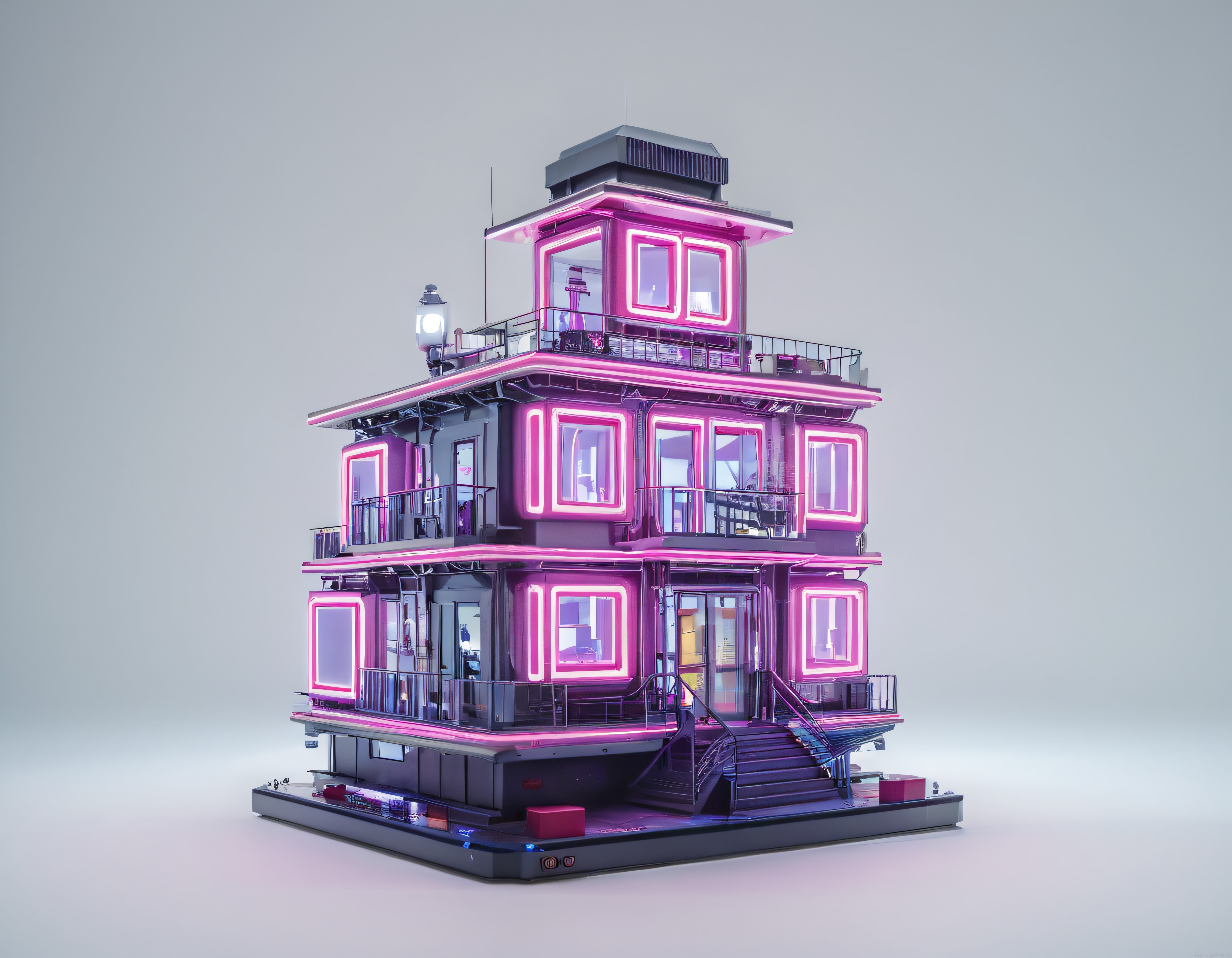 Neon Işıklarla Süslenmiş Fütüristik Üç Katlı Modern Bina Maketi