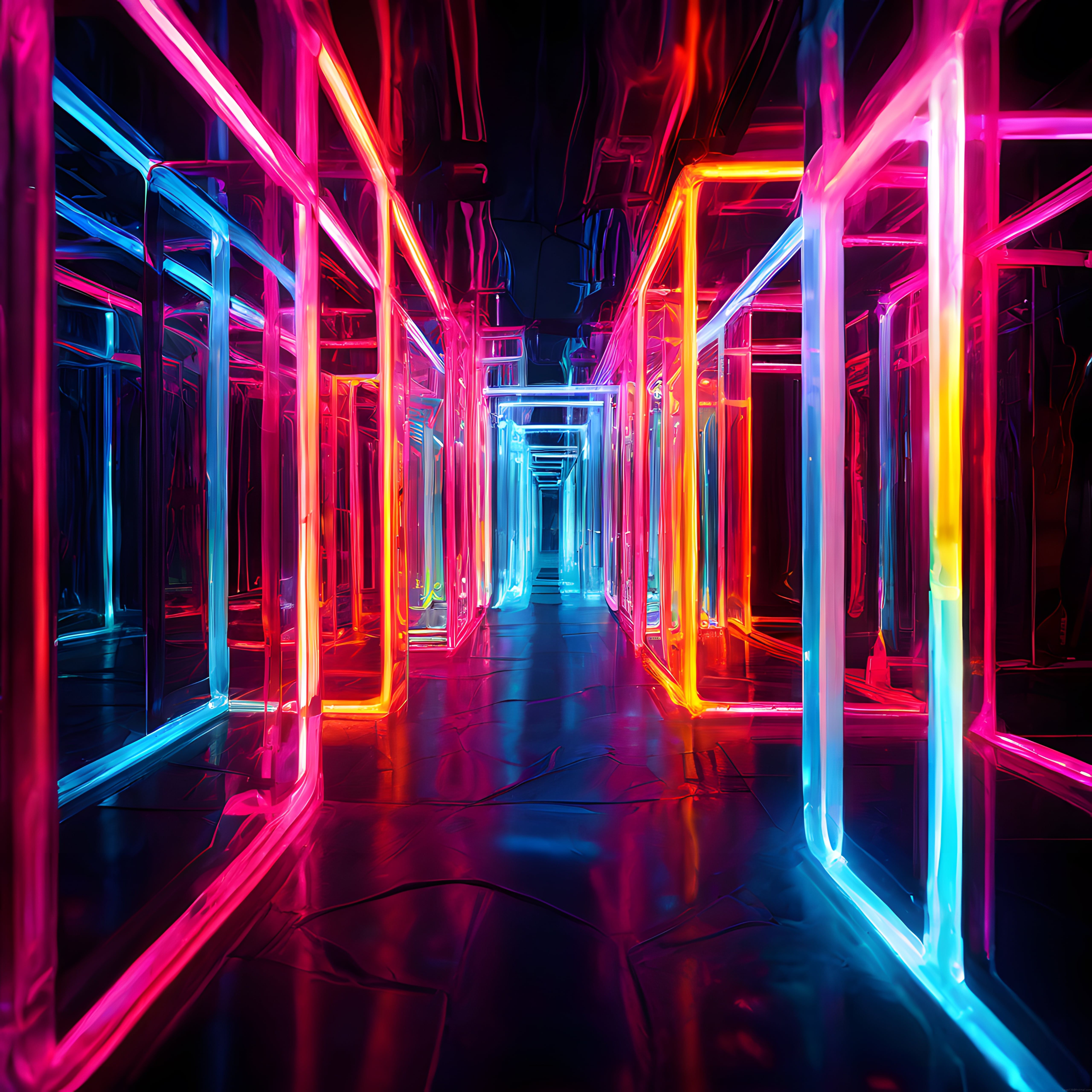 Neon Işıklarla Süslenmiş Geleceğe Açılan Bir Koridorun Büyüleyici Atmosferi