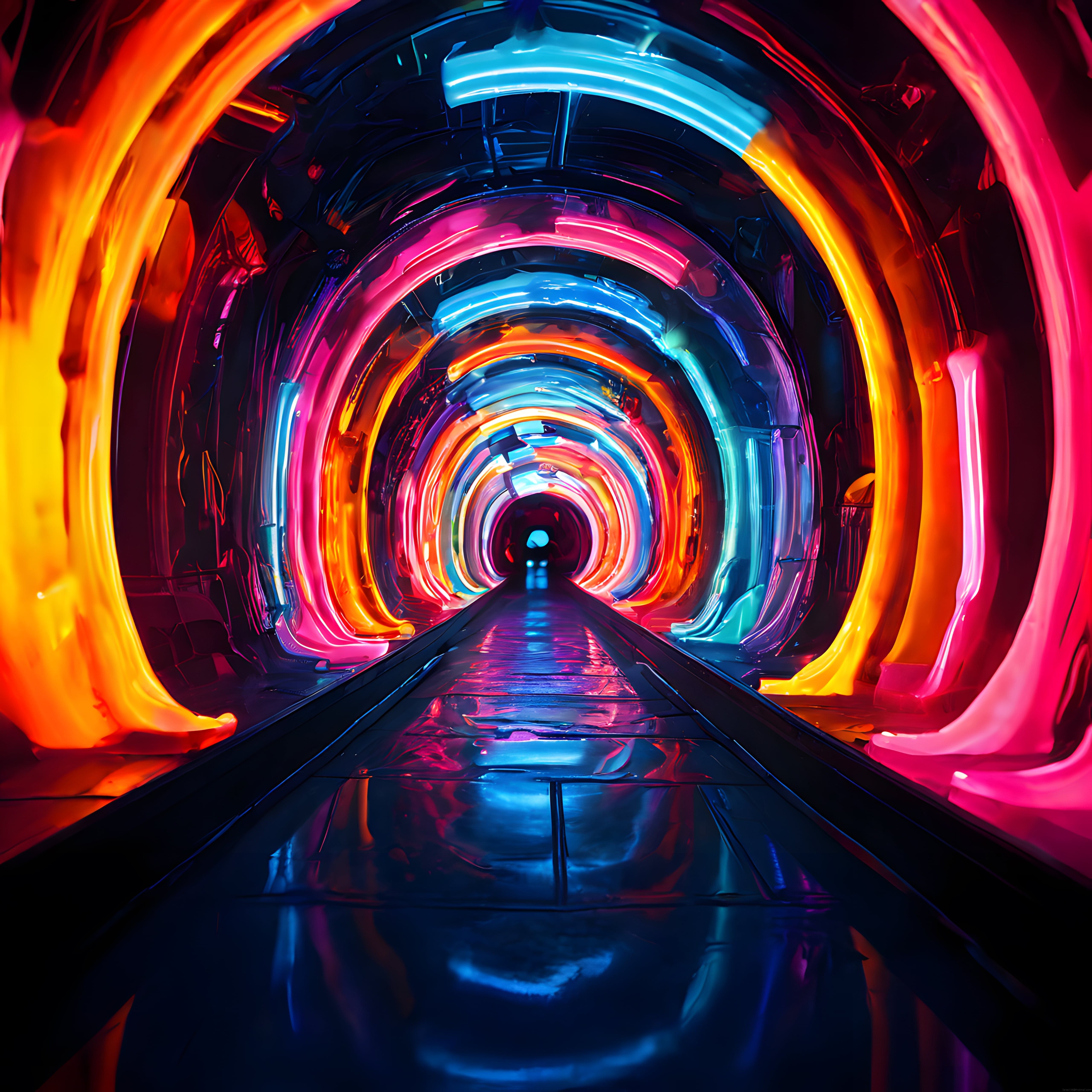Neon Işıklarla Süslenmiş Geleceğe Açılan Parlak Renkli Tünel ve Yansımalar